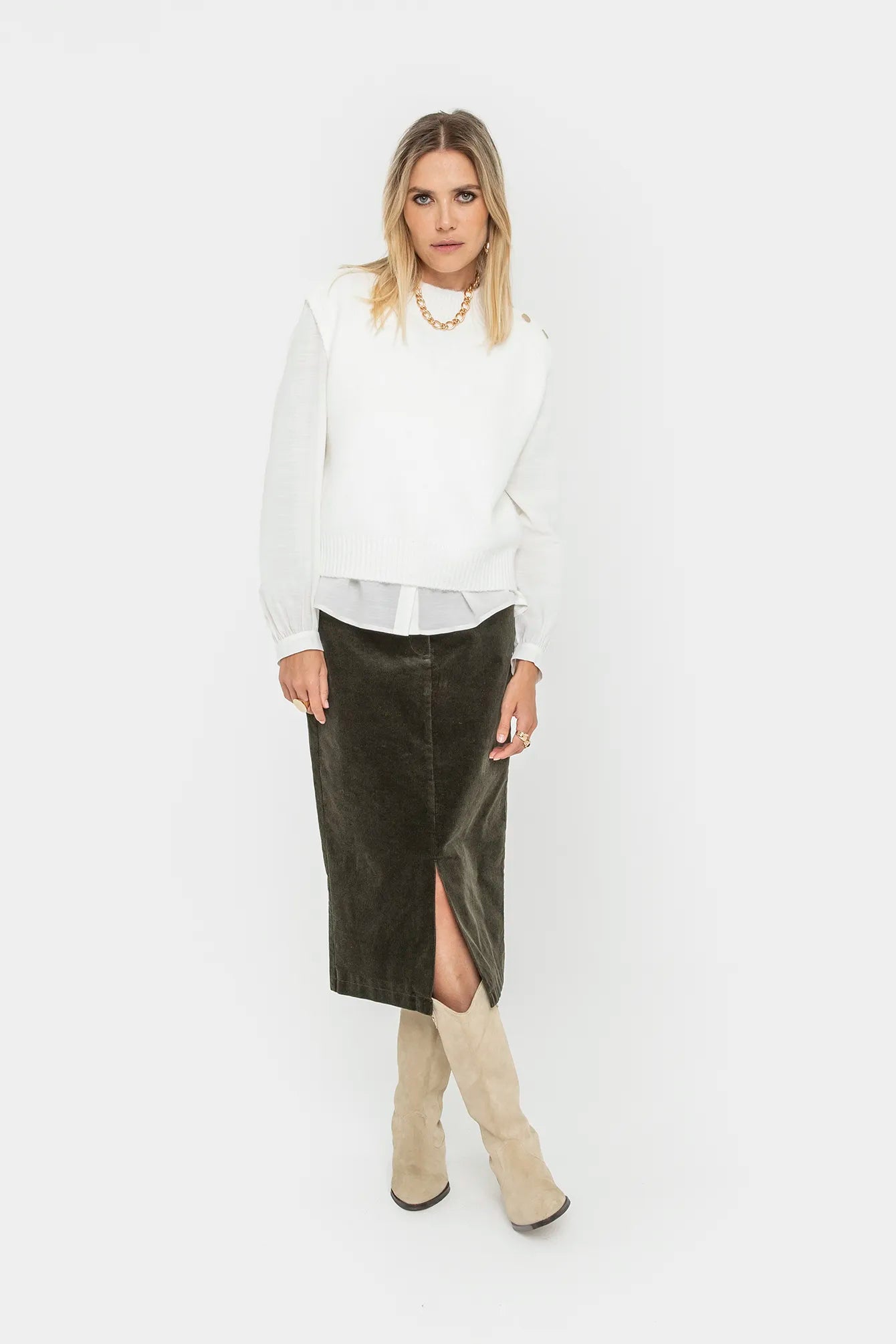 Jupe midi en velours kaki | Elora