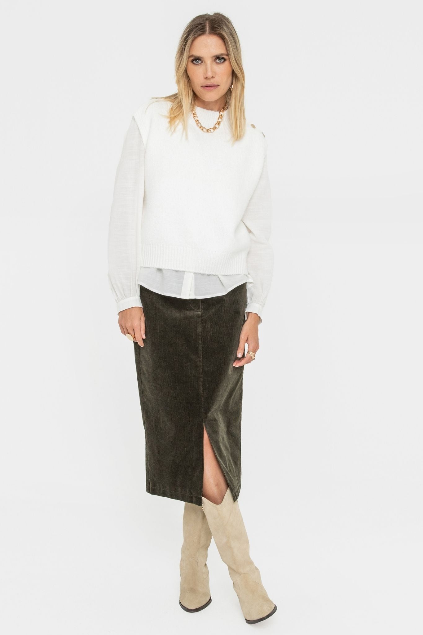 Jupe midi en velours kaki | Elora