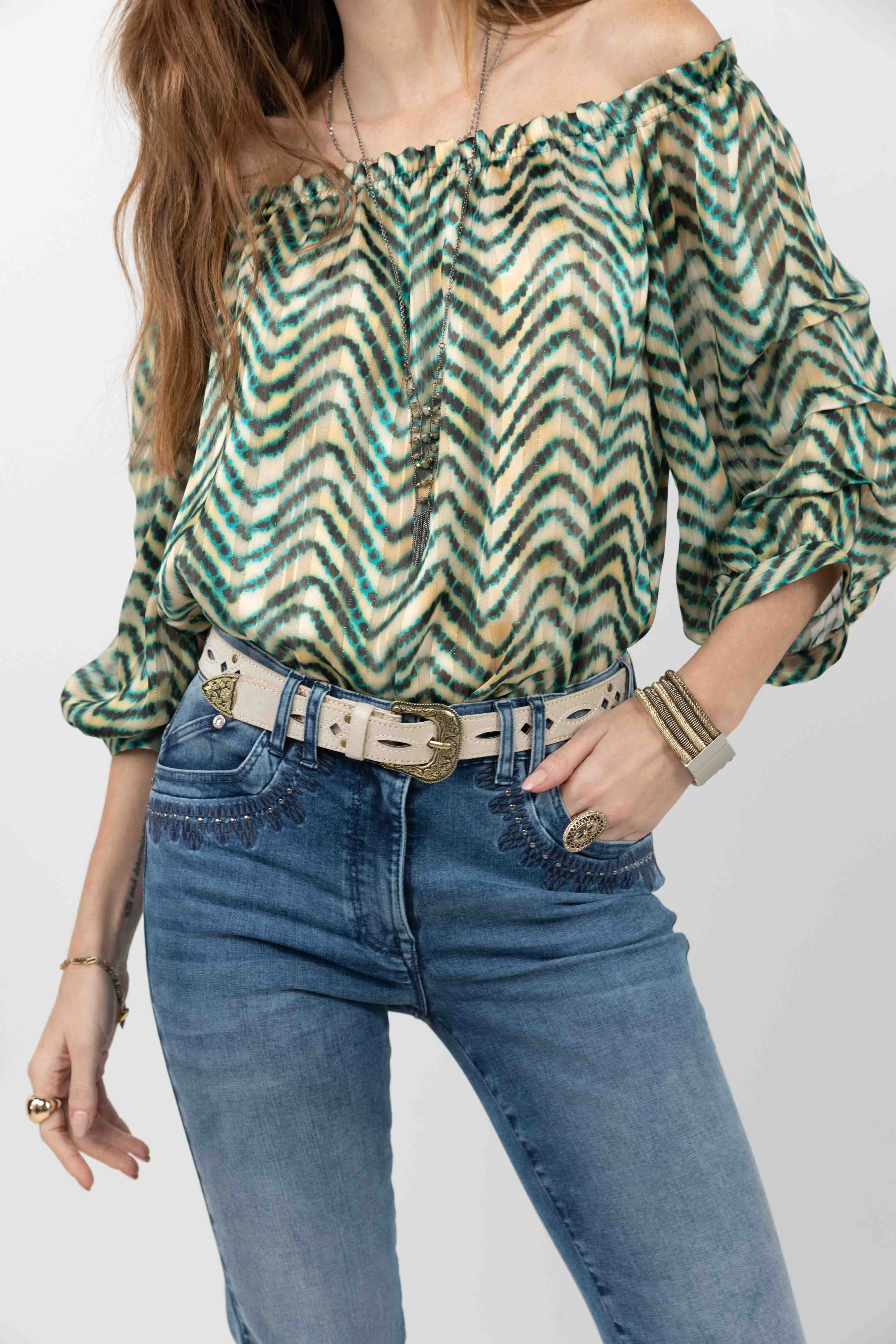 Blouse rayée verte col Bardot | Elora