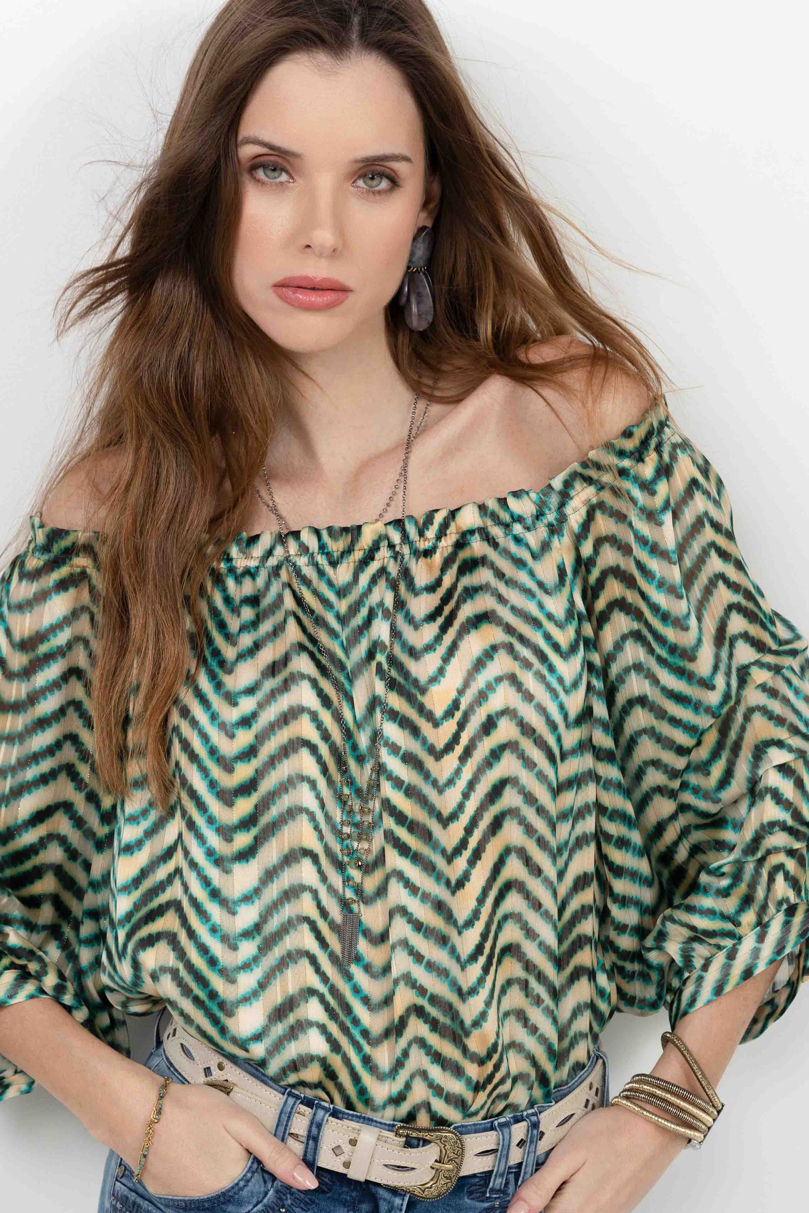 Blouse rayée verte col Bardot | Elora