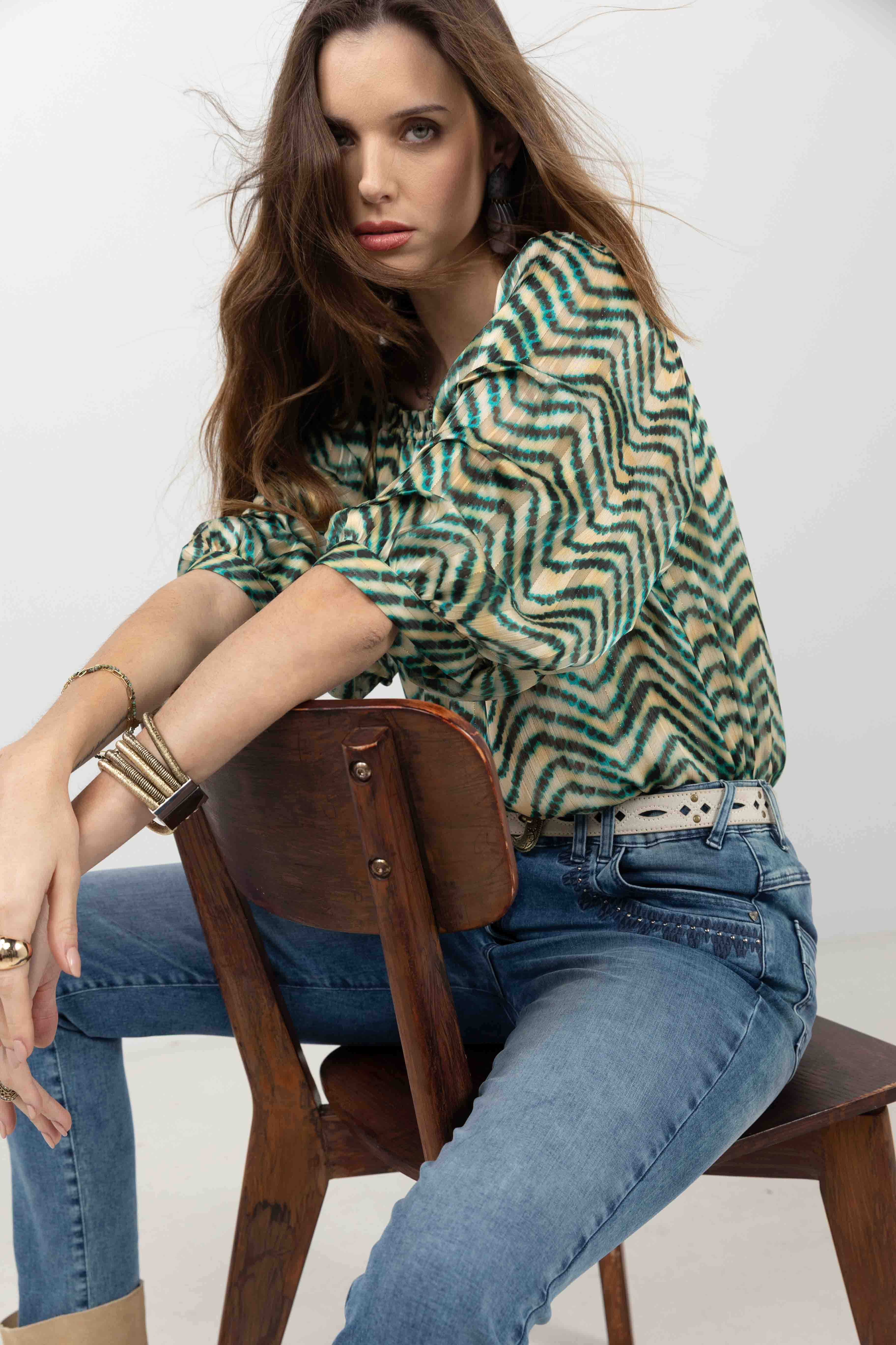 Blouse rayée verte col Bardot | Elora