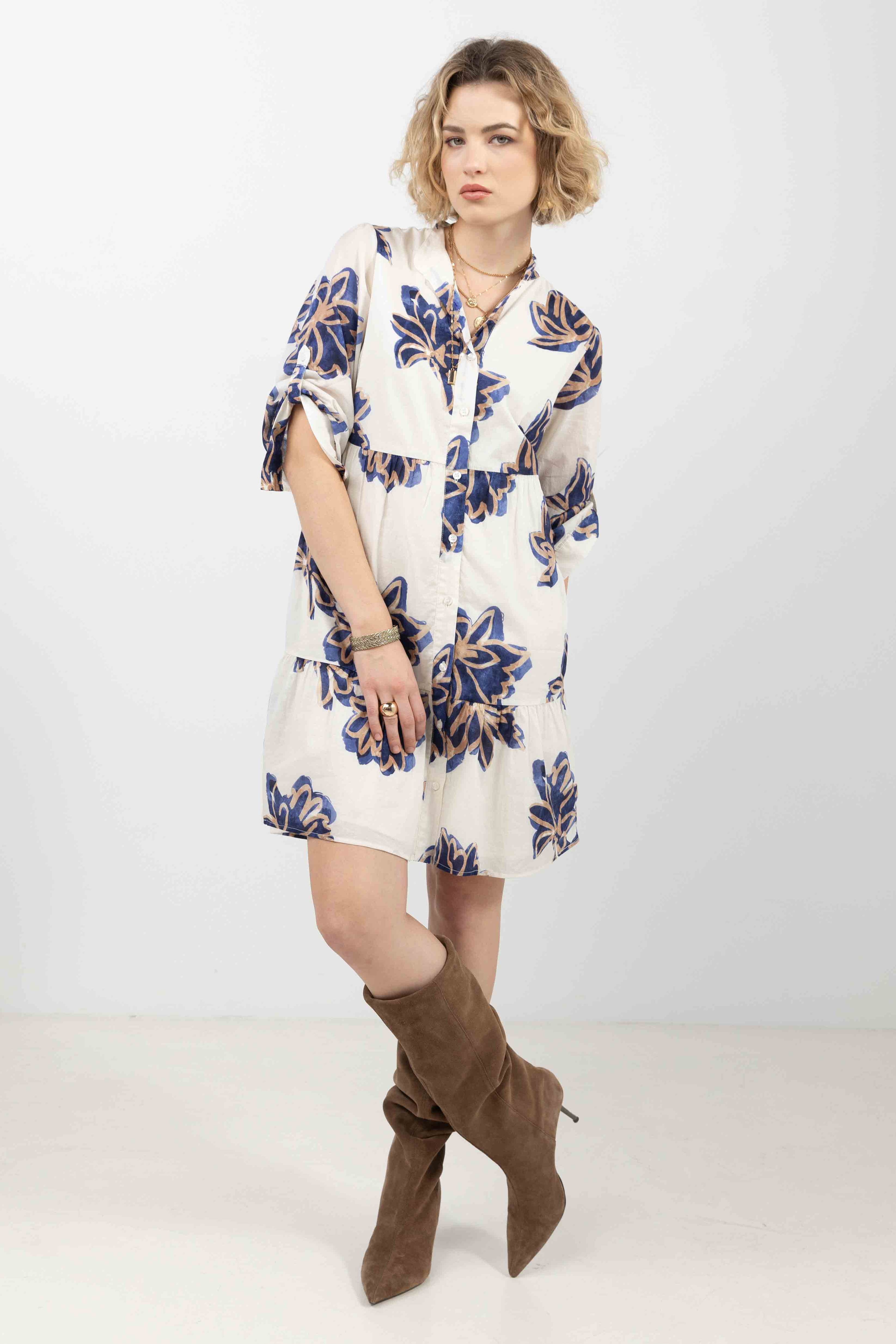 Robe chemise fleurie écru bleu | Elora