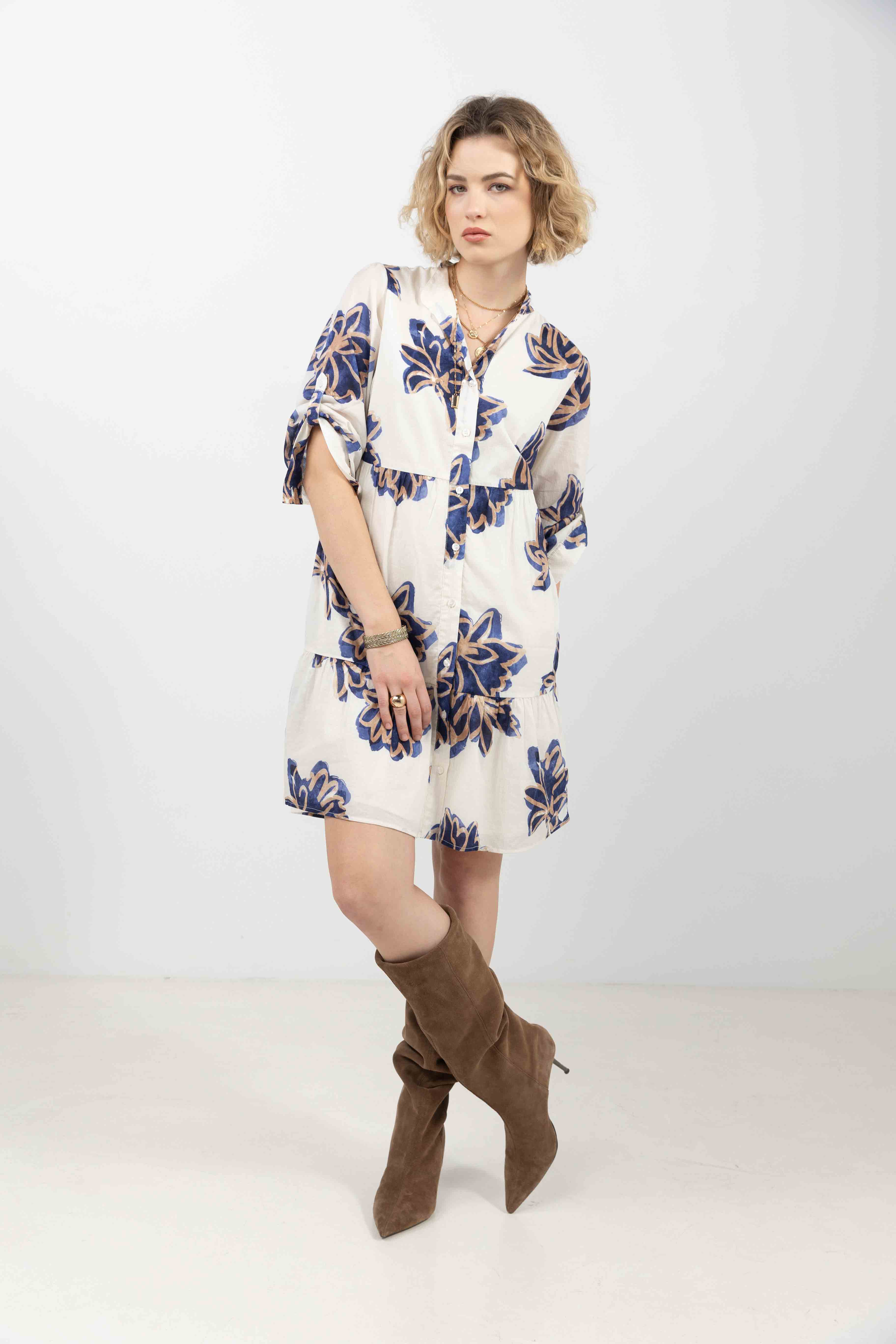 Robe chemise fleurie écru bleu | Elora