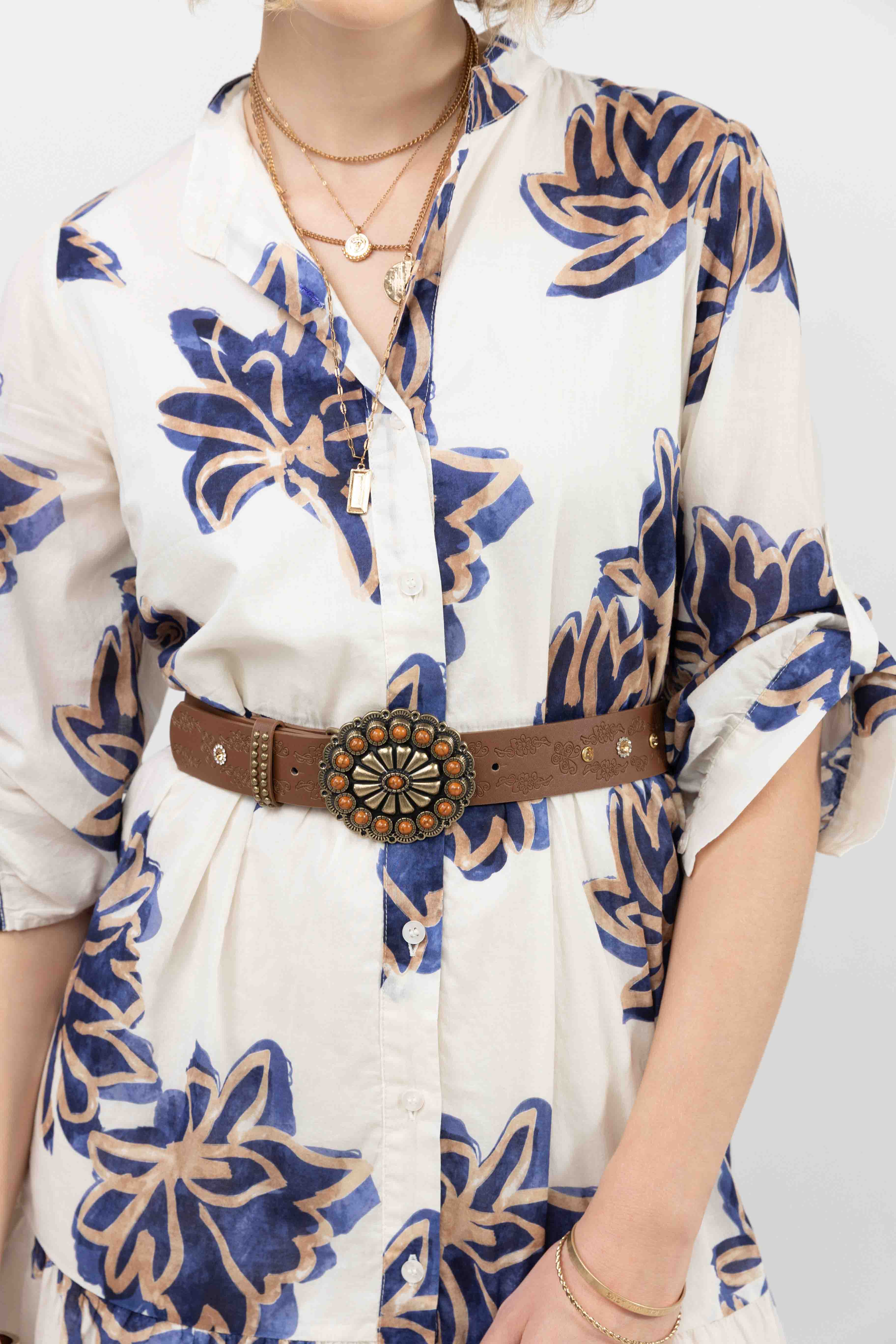 Robe chemise fleurie écru bleu | Elora