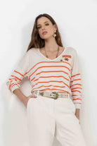 Pull marinière écru orange brodé | Elora
