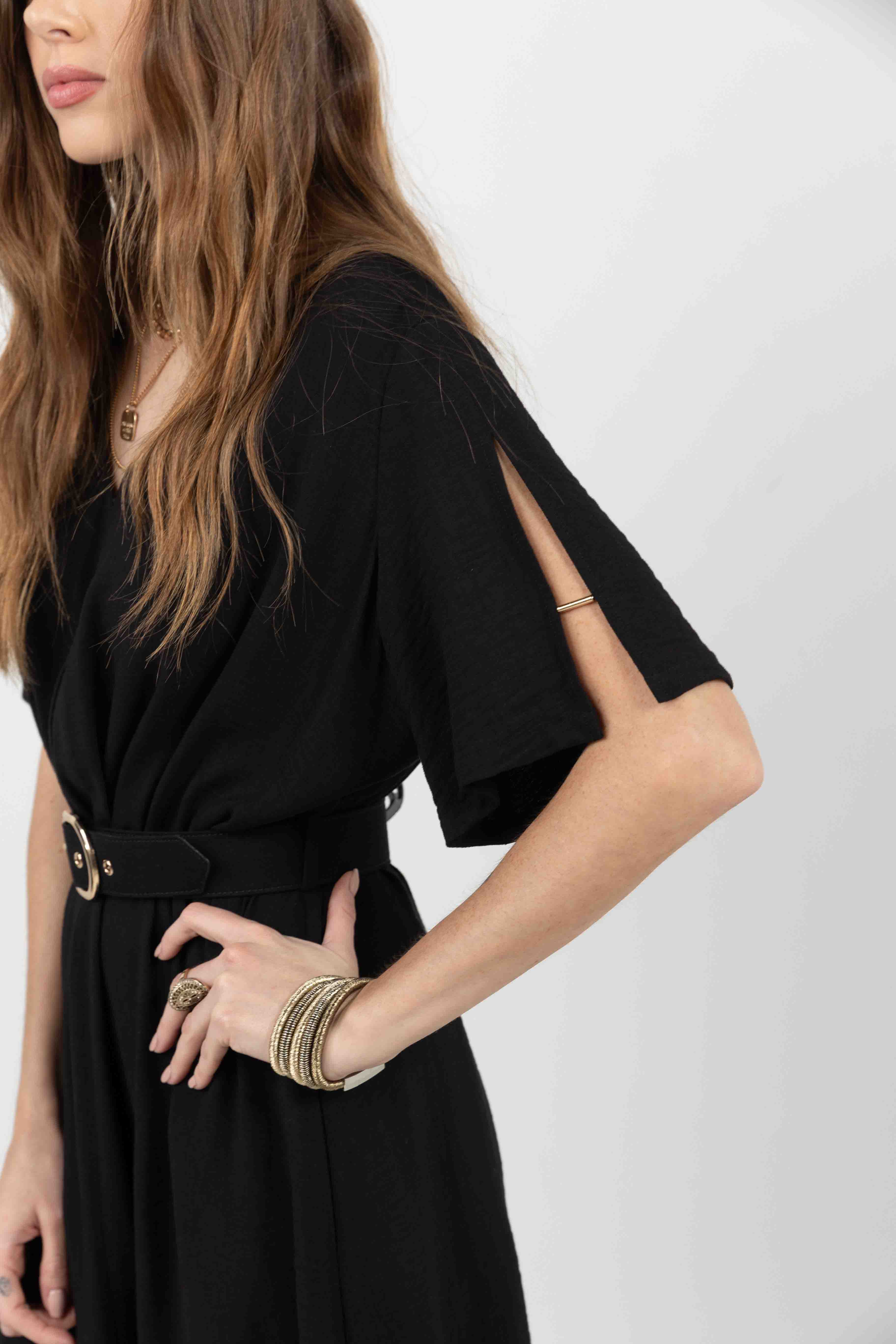 Robe longue noire élégante ceinturée | Elora