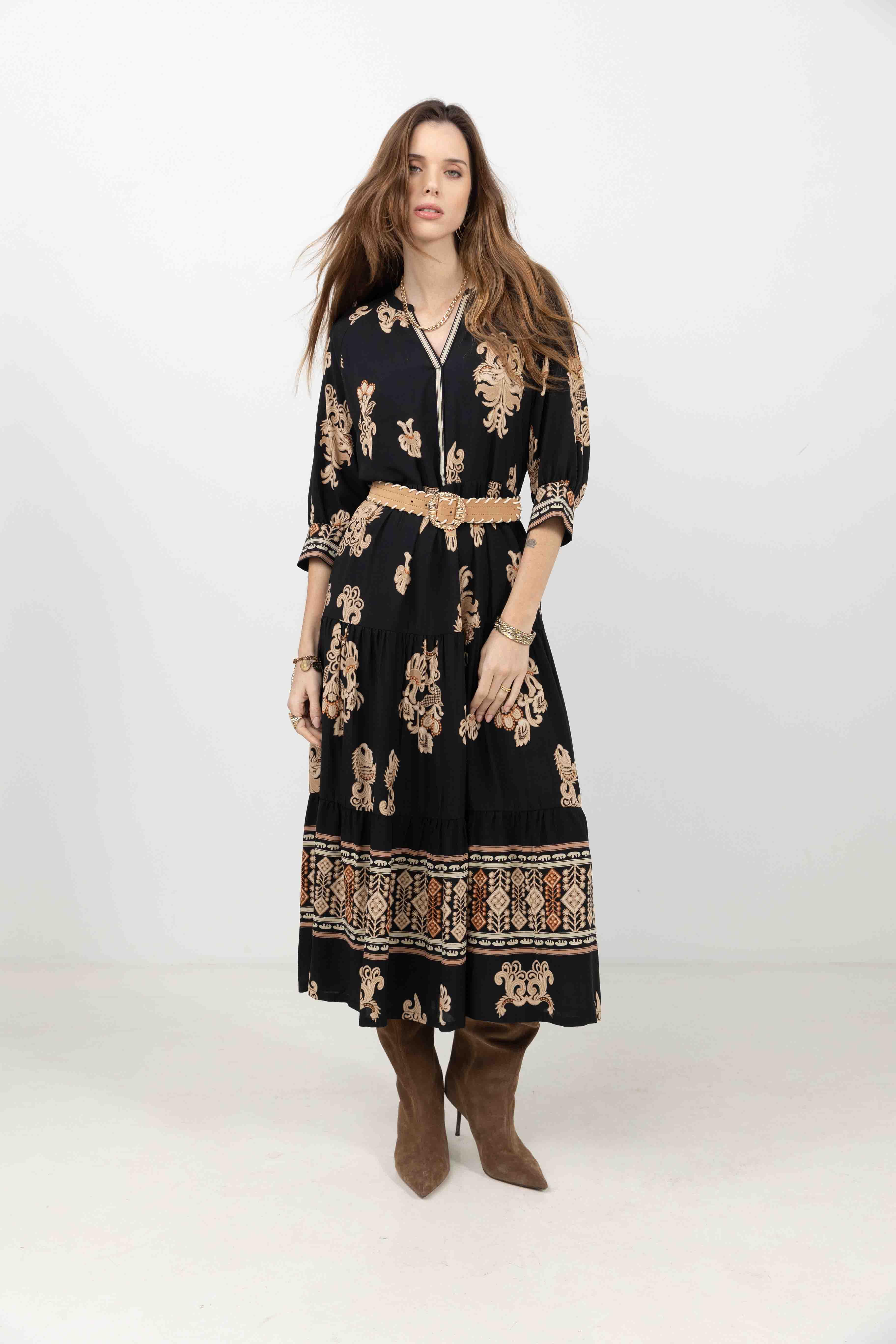 Robe longue bohème imprimé noir beige | Elora