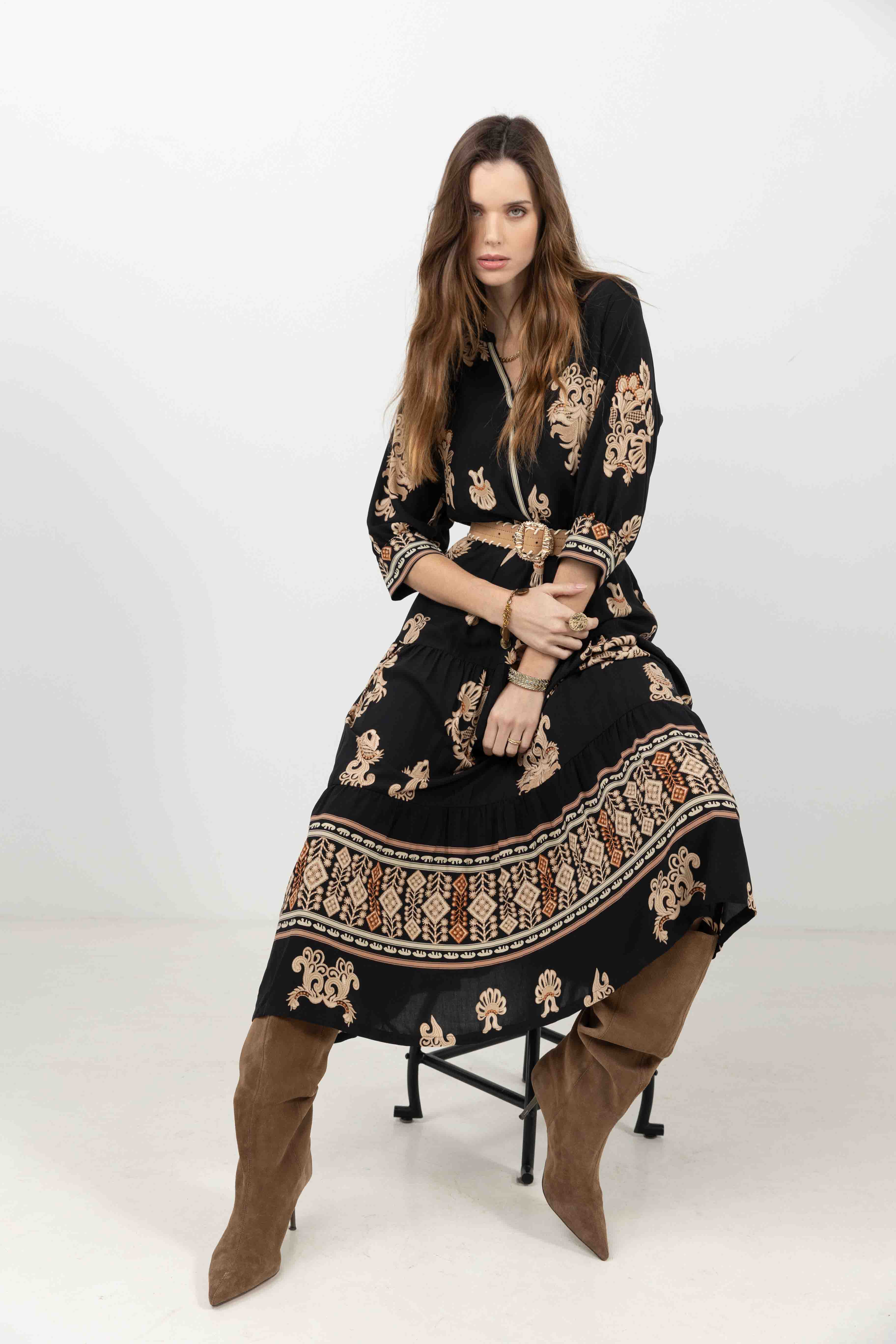 Robe longue bohème imprimé noir beige | Elora