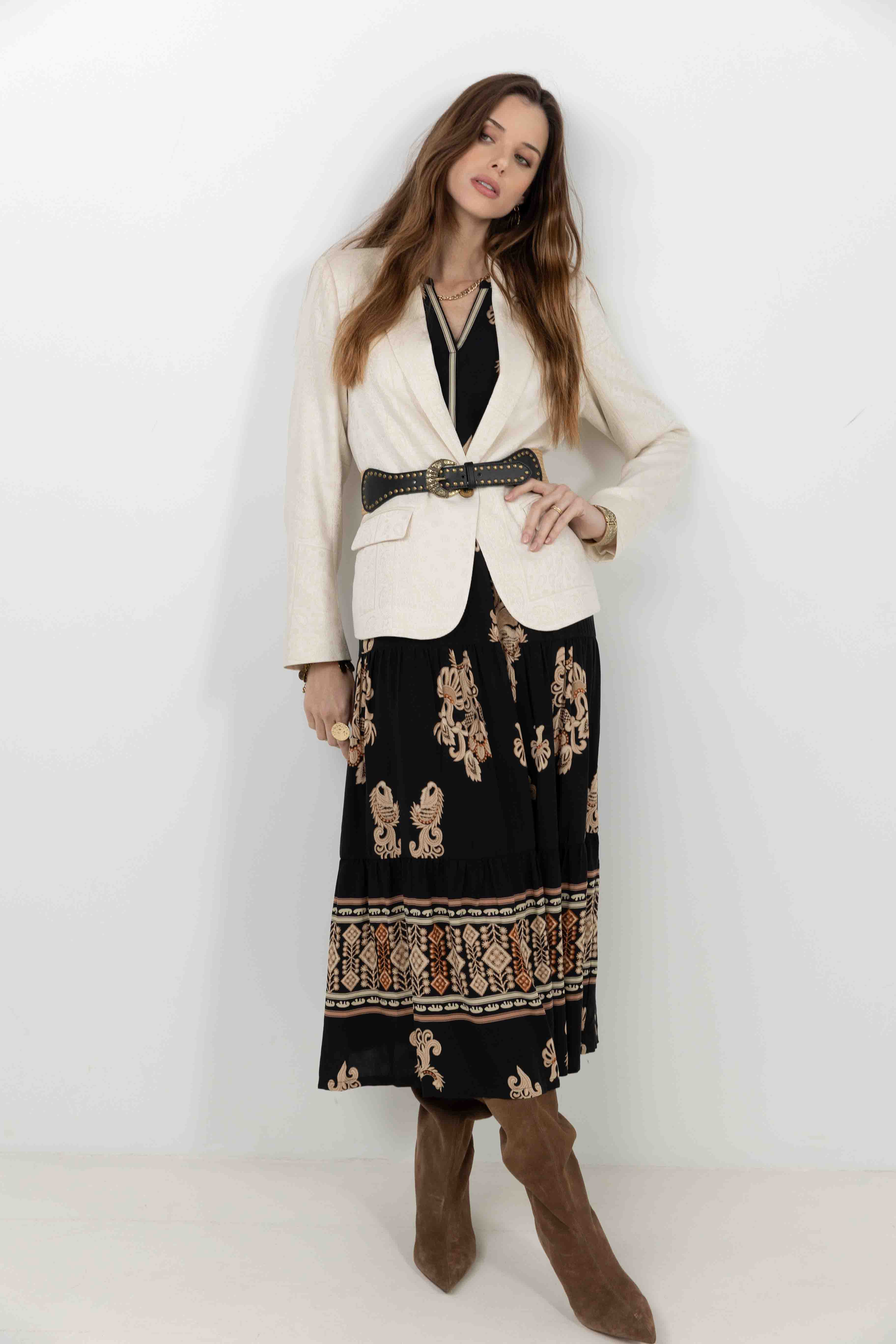 Robe longue bohème imprimé noir beige | Elora