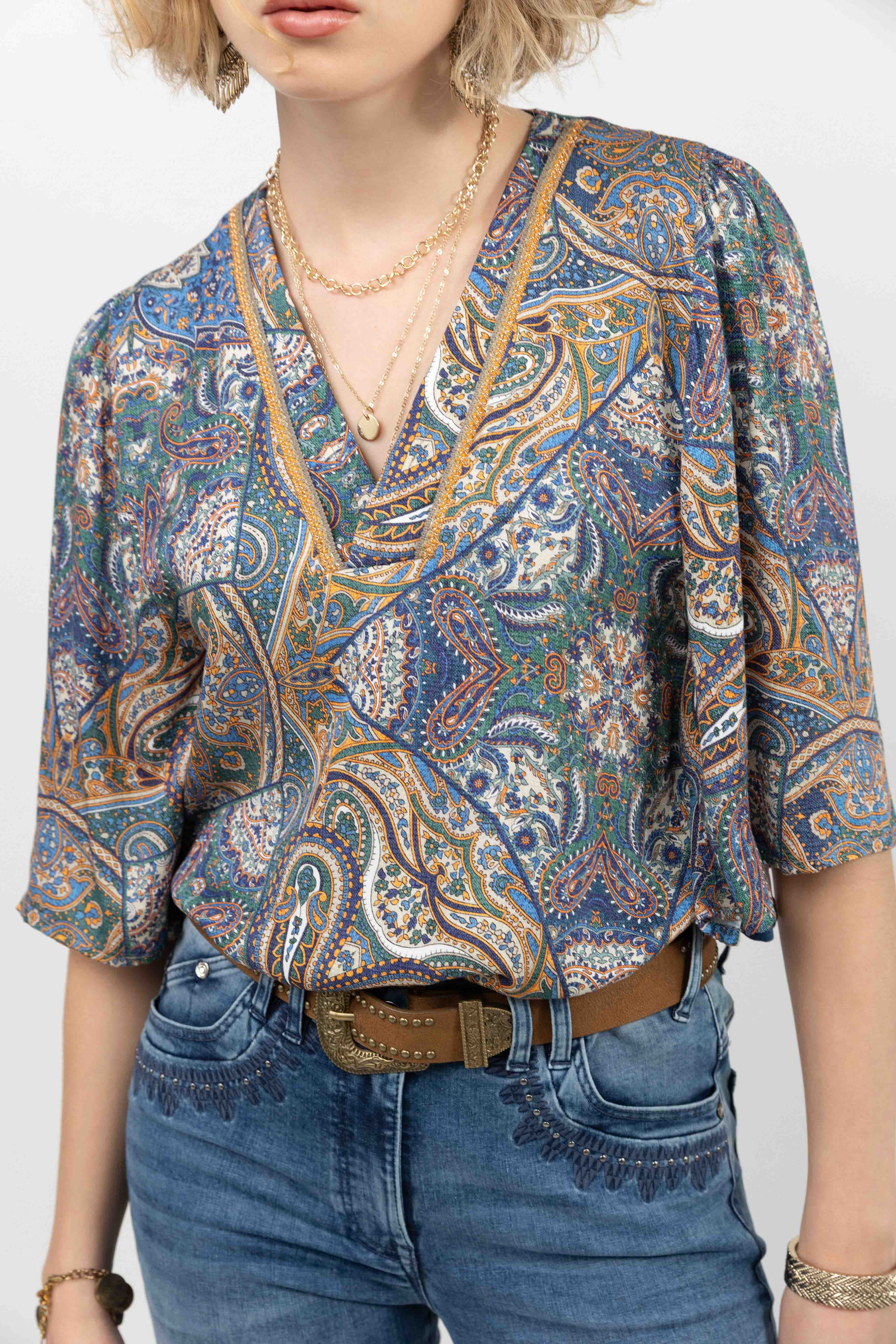 Blouse imprimée bleu cachemire | Elora