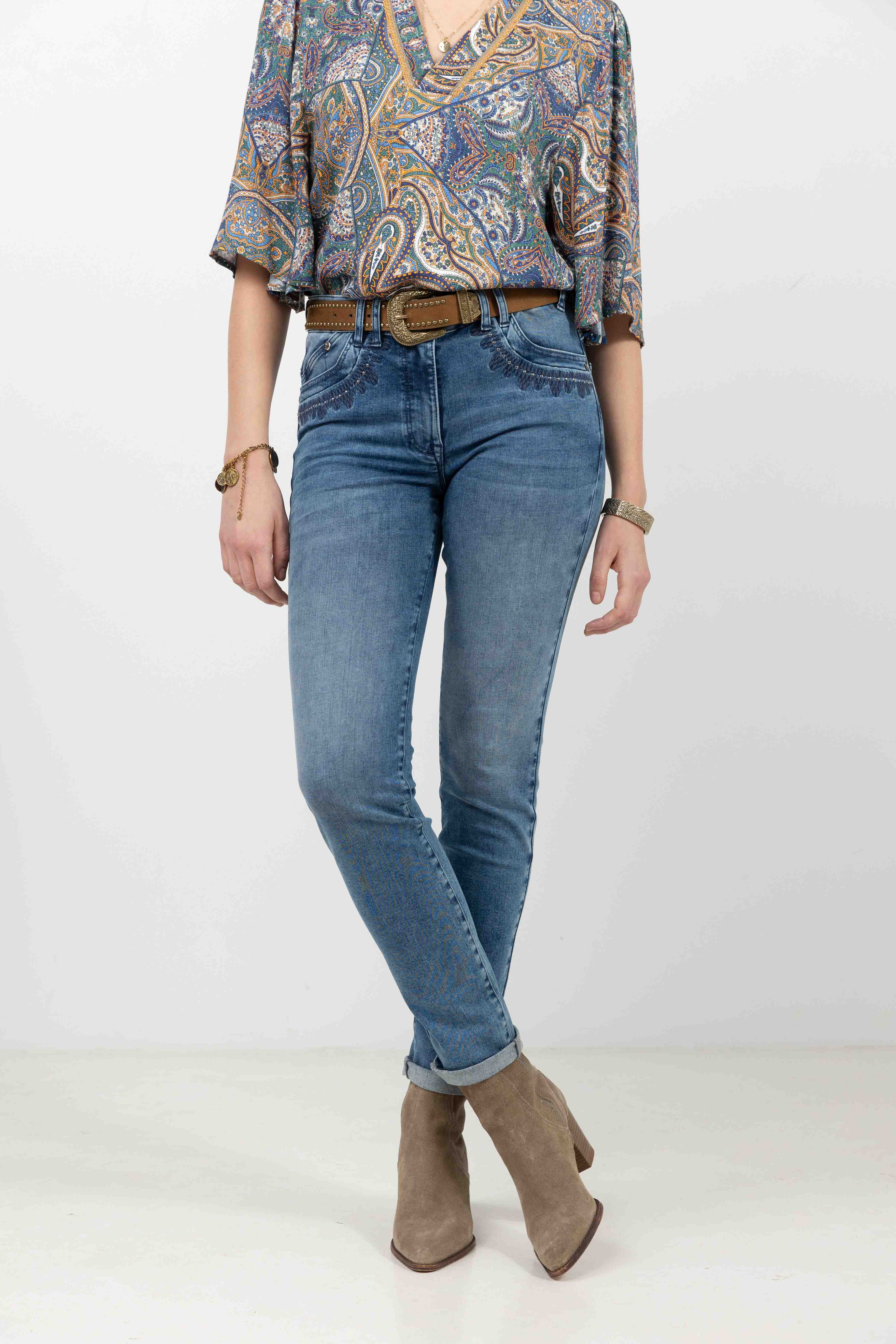 Jean bleu slim avec broderies | Elora