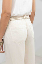 Pantalon beige large jacquard bohème | Elora