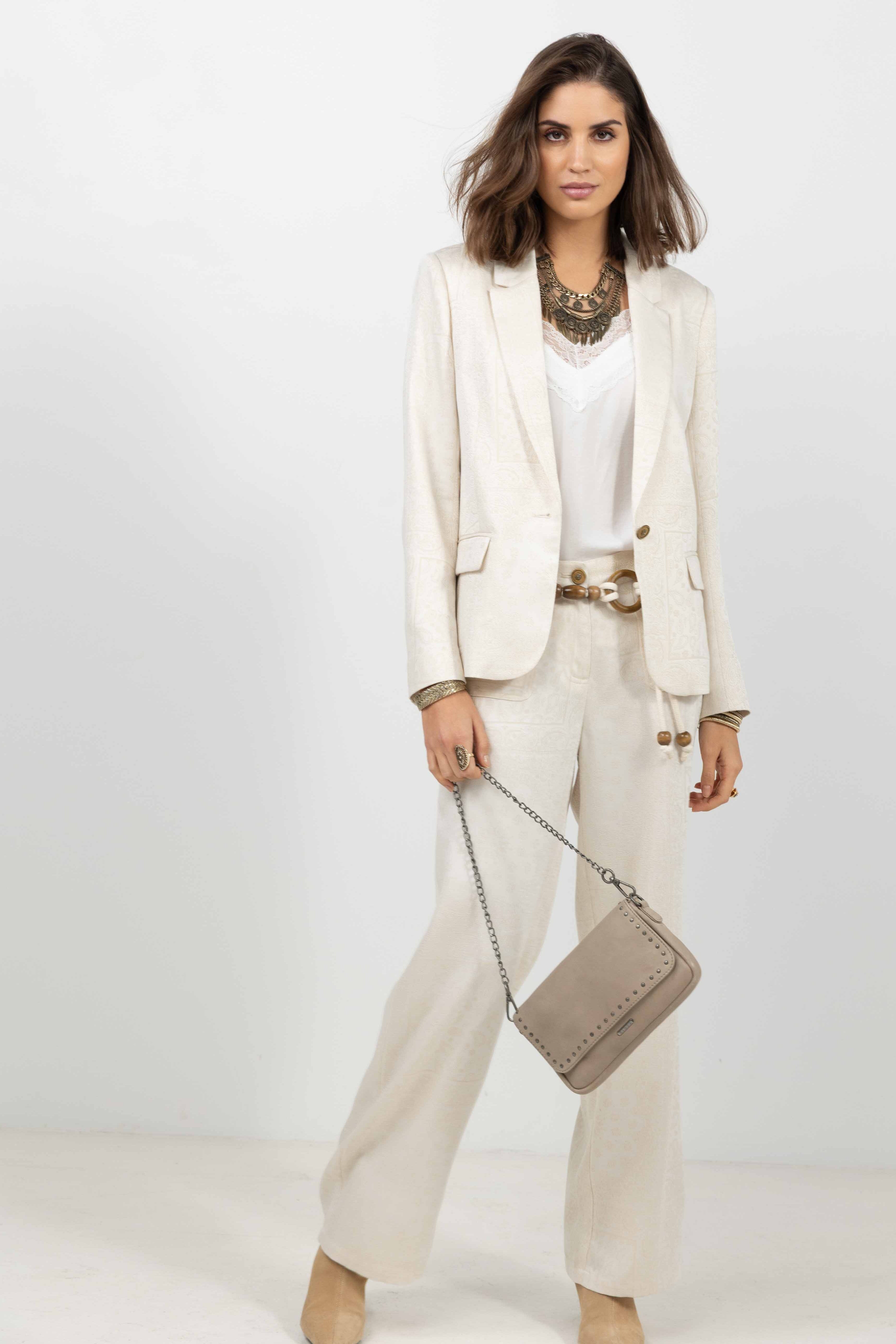 Pantalon beige large jacquard bohème | Elora