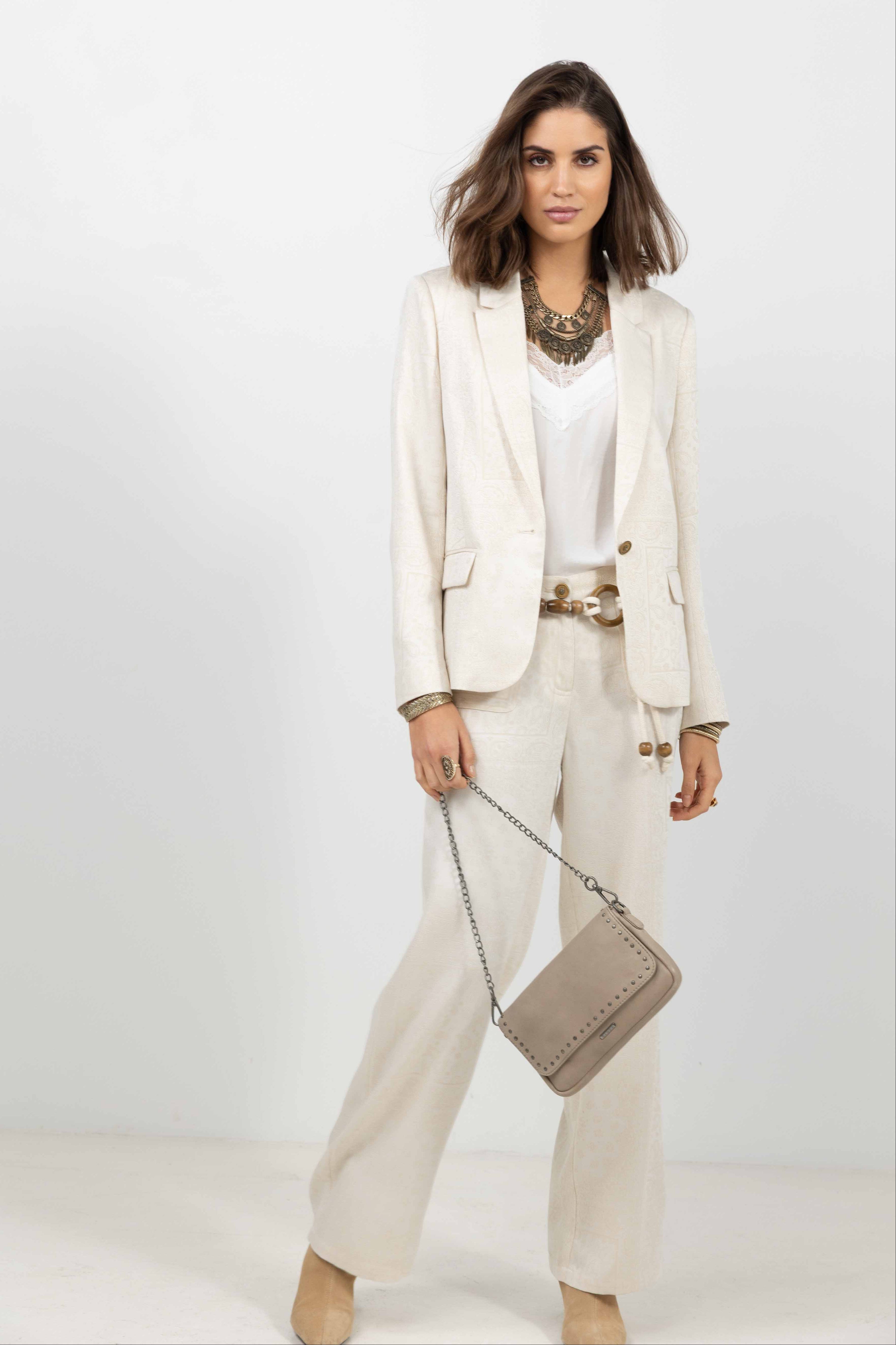 Pantalon beige large jacquard bohème | Elora