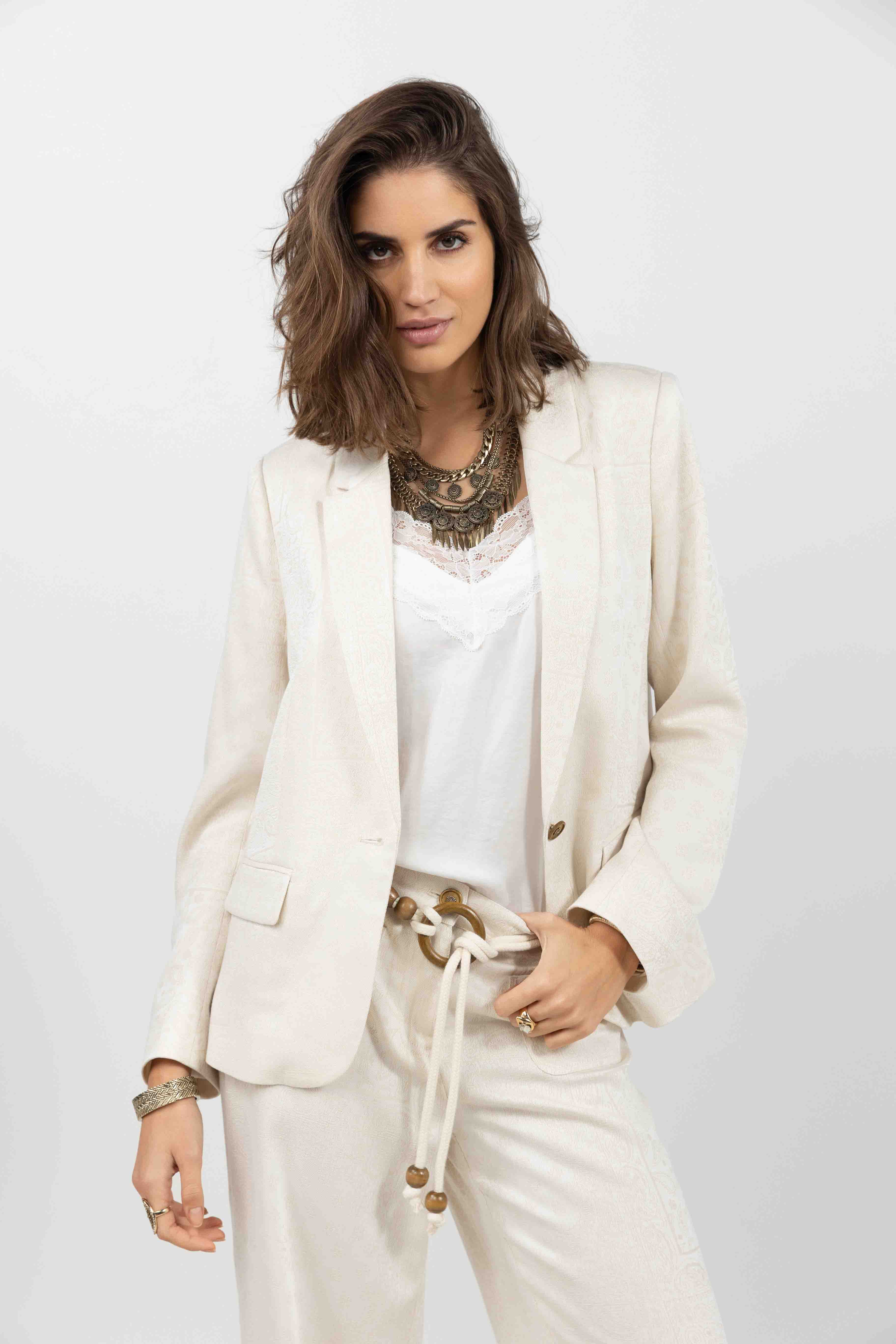 Veste tailleur jacquard écru beige | Elora