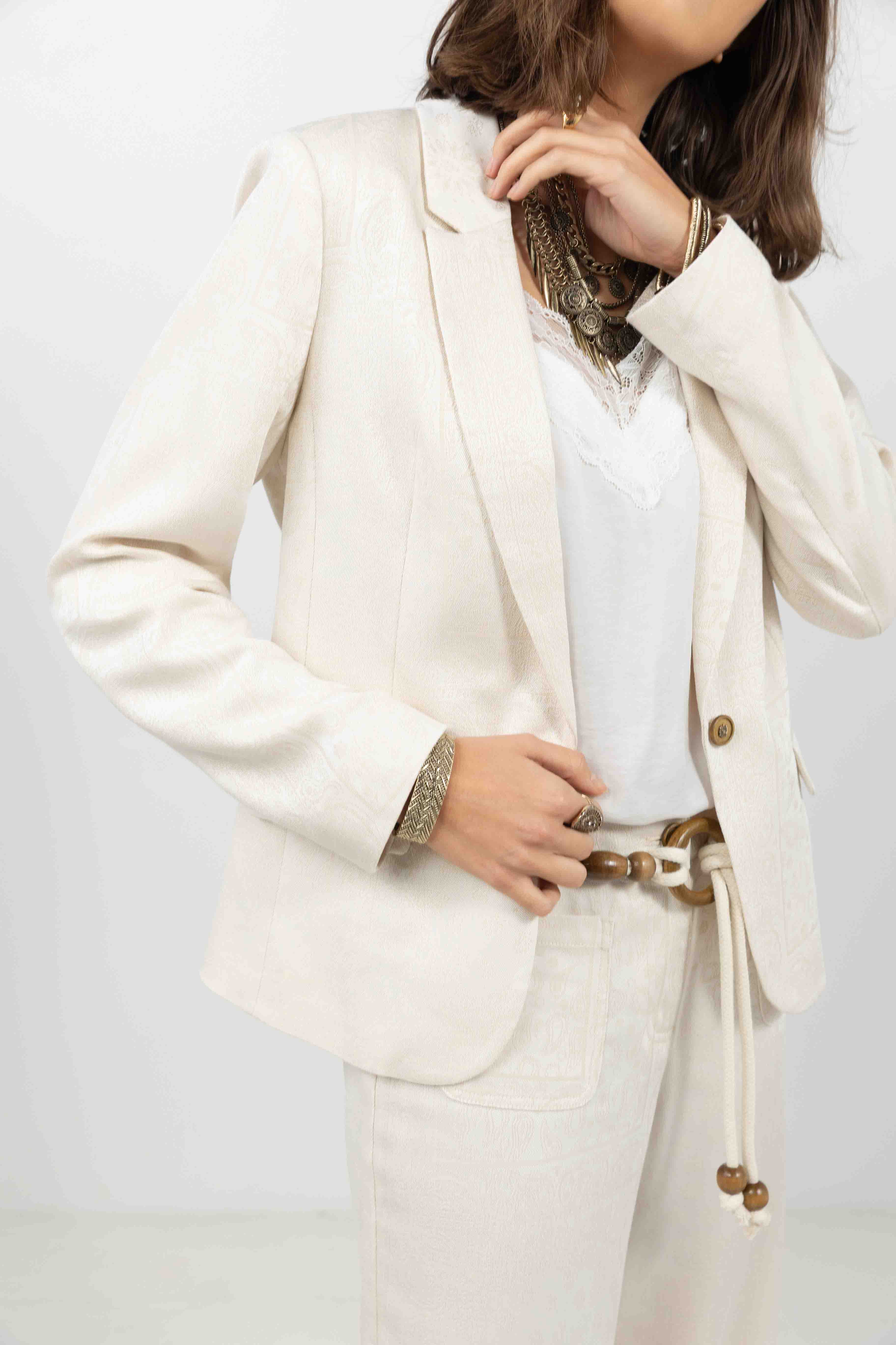 Veste tailleur jacquard écru beige | Elora