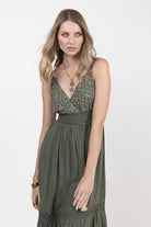 Robe longue kaki bohème broderie | Elora