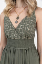 Robe longue kaki bohème broderie | Elora