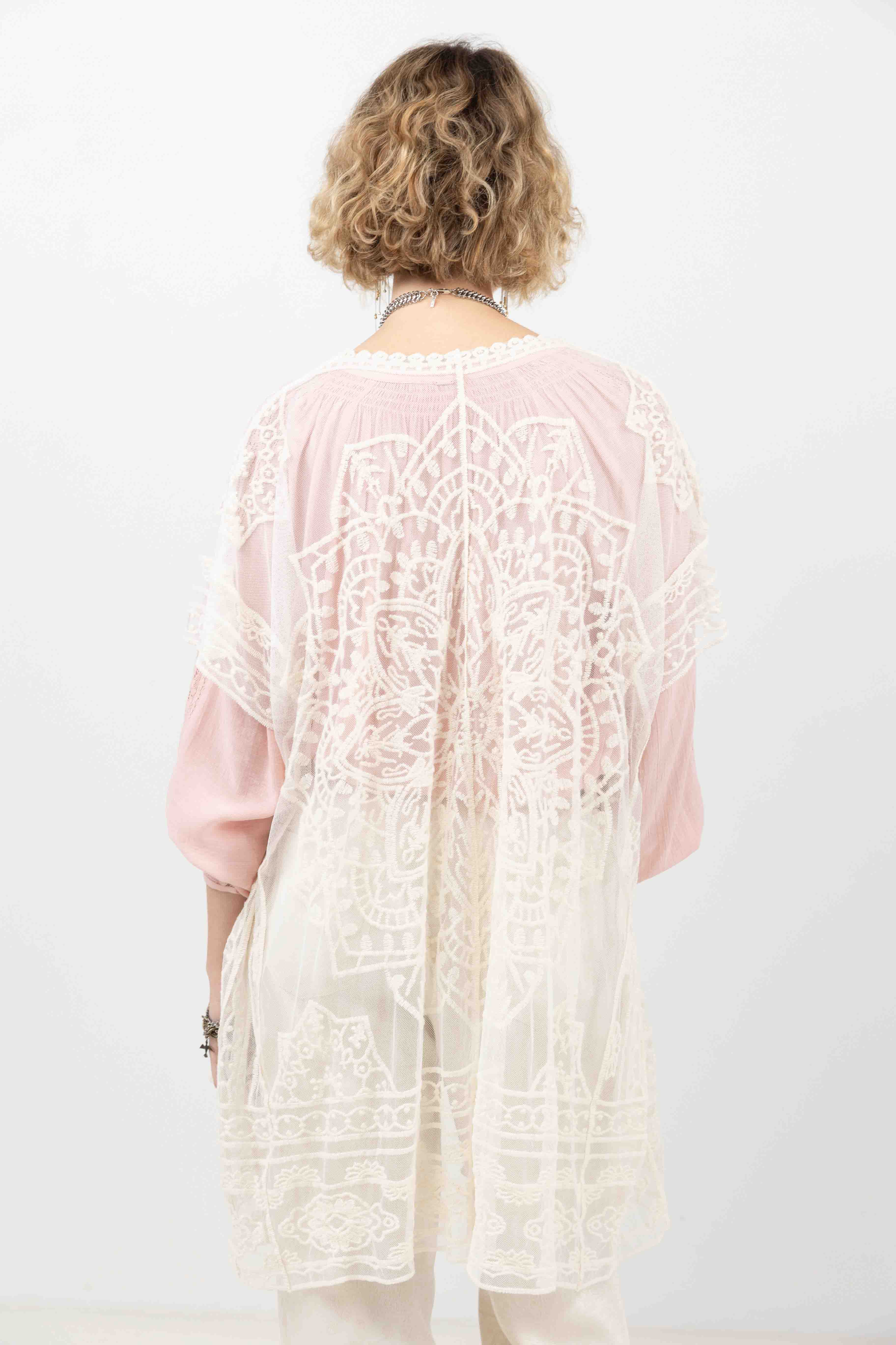 Poncho écru long dentelle bohème | Elora