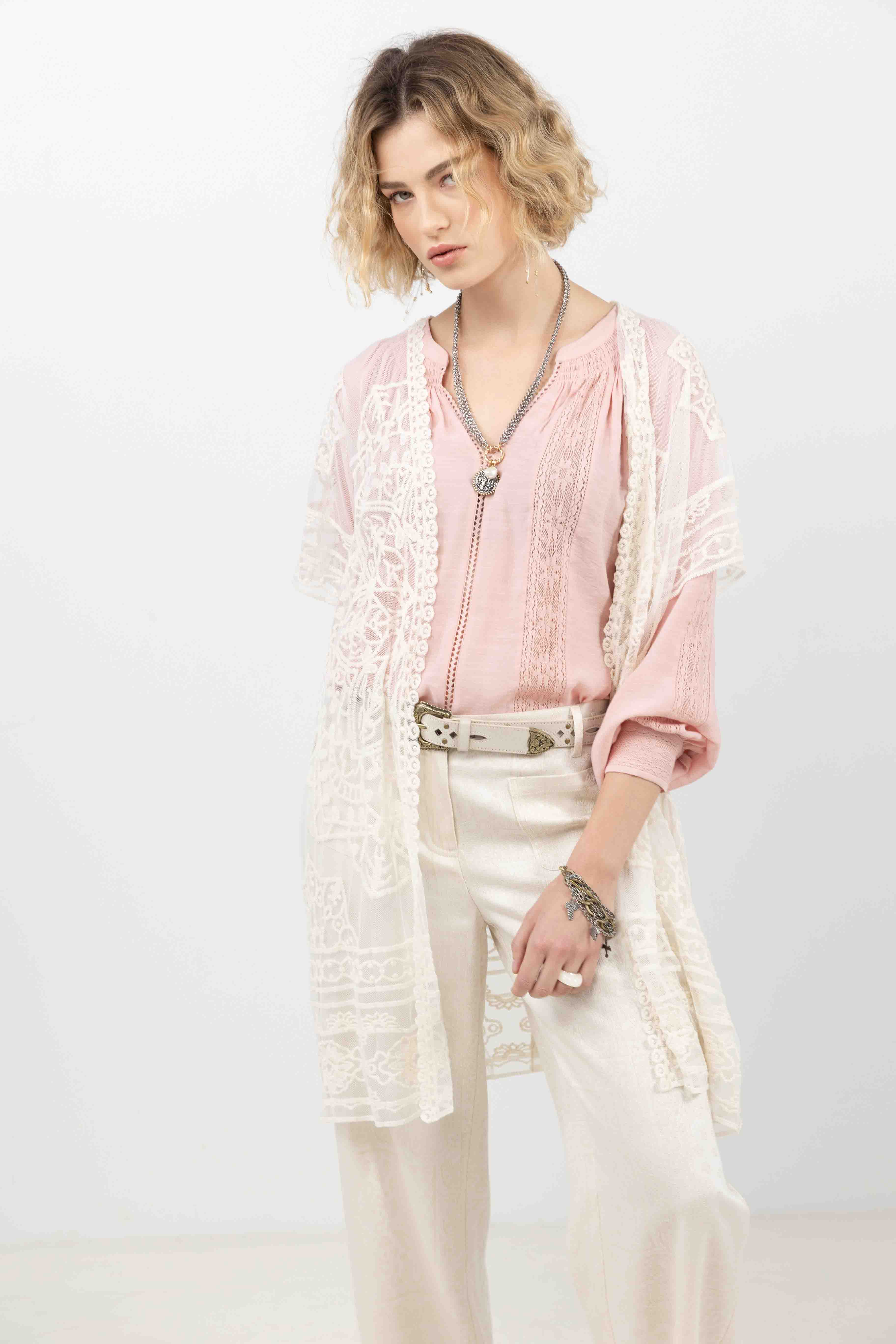 Poncho écru long dentelle bohème | Elora