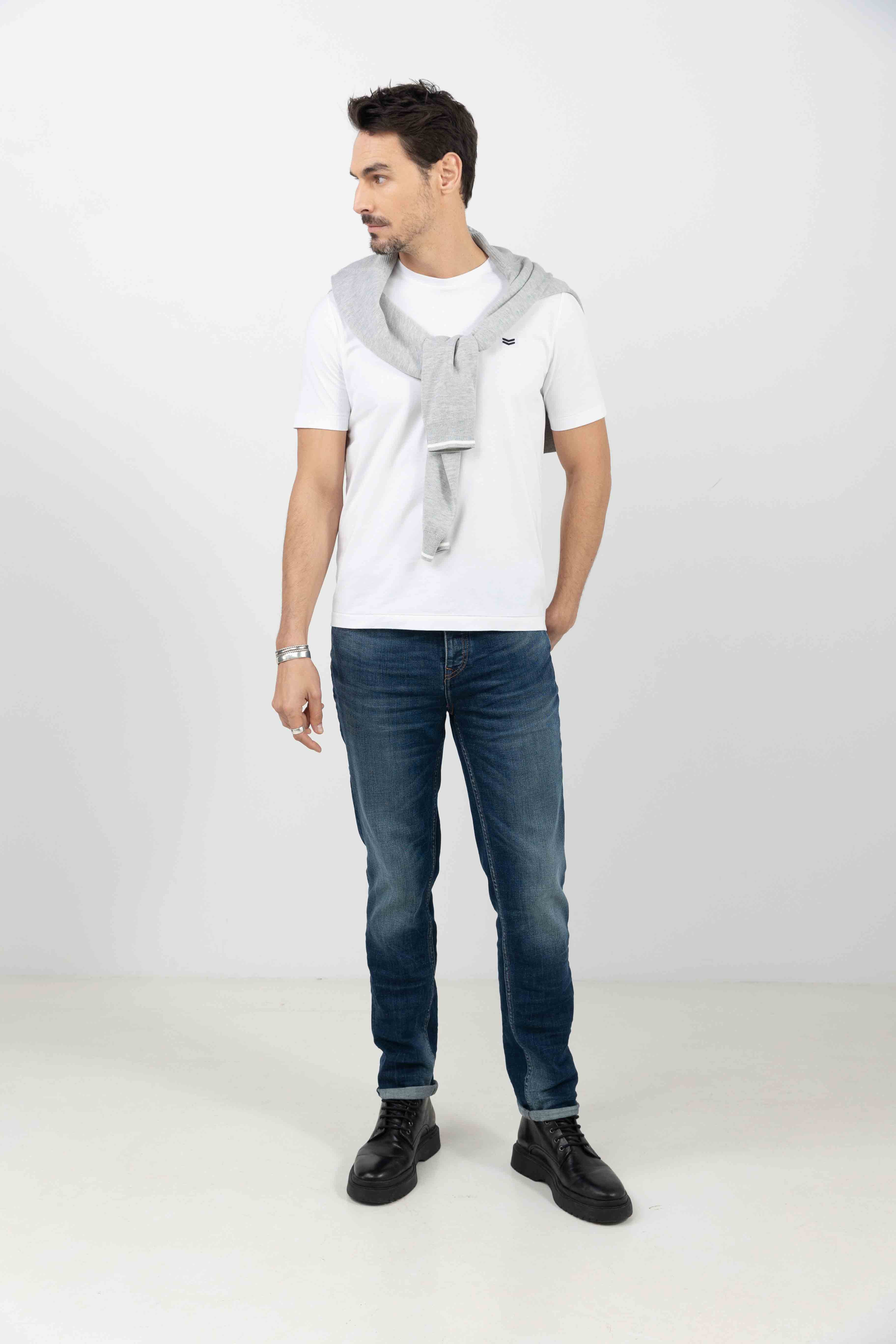 Jean denim bleu stretch coupe droite | Elora