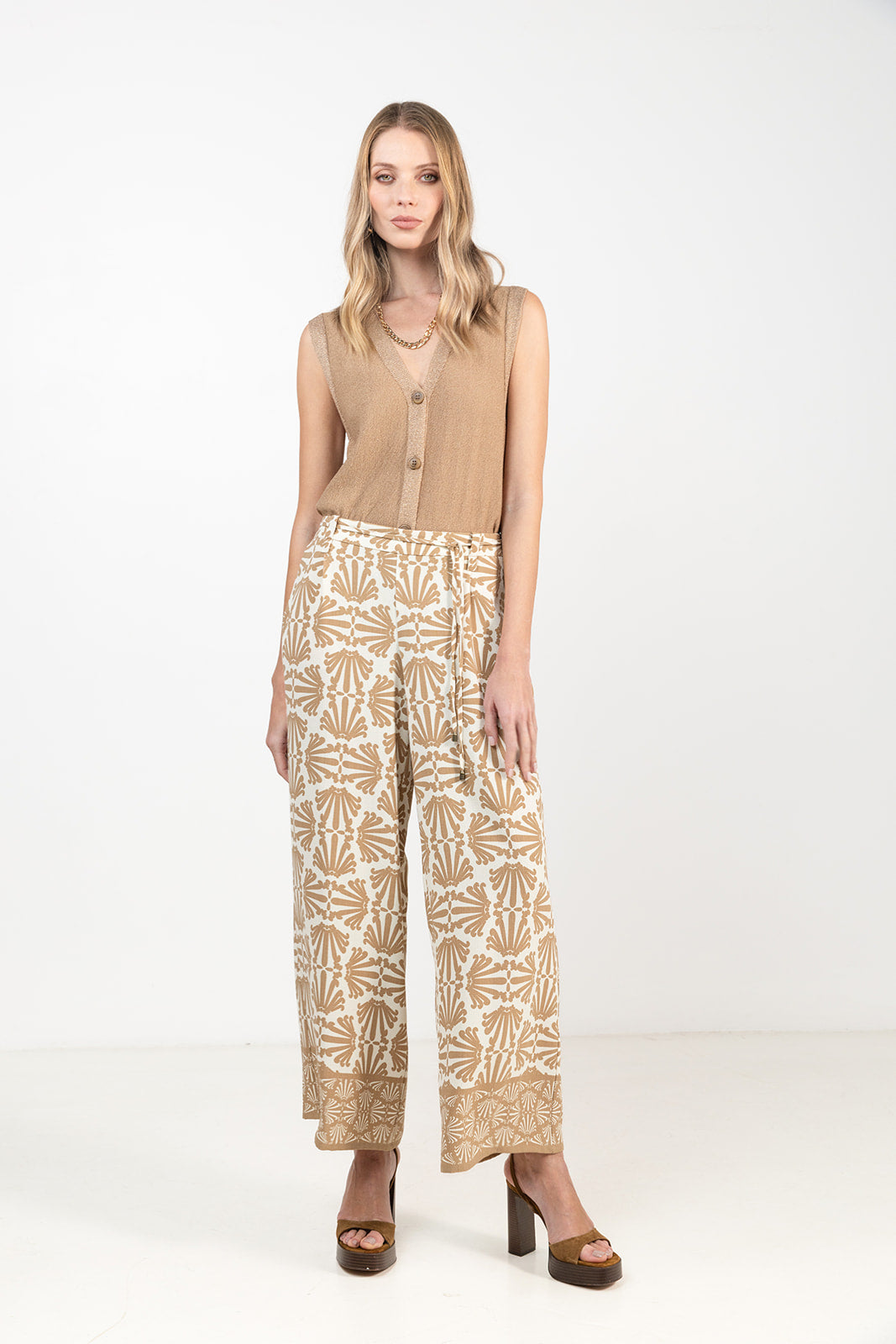 Pantalon imprimé beige large fluide | Elora