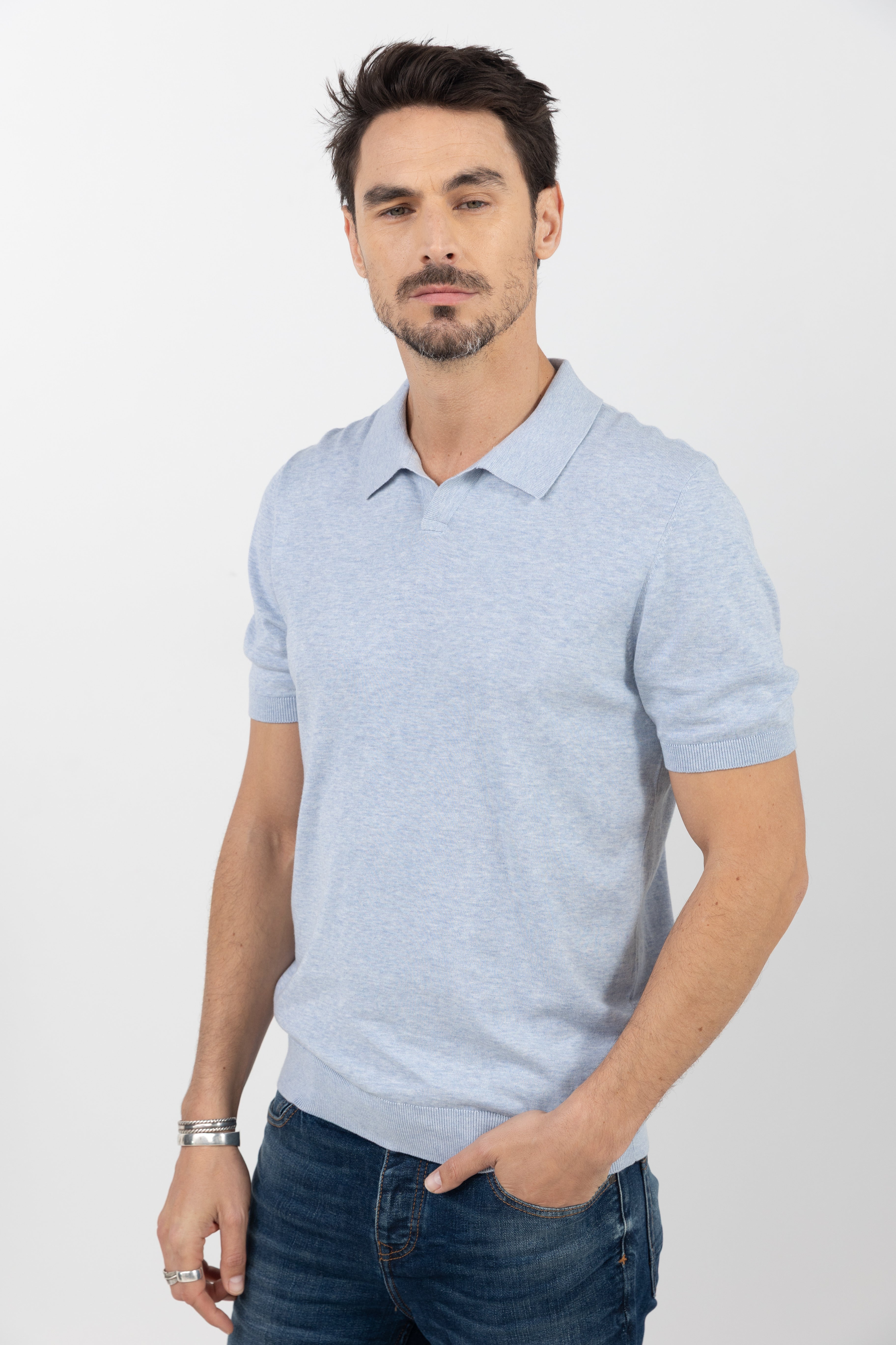 Polo bleu tricot léger chic | Elora