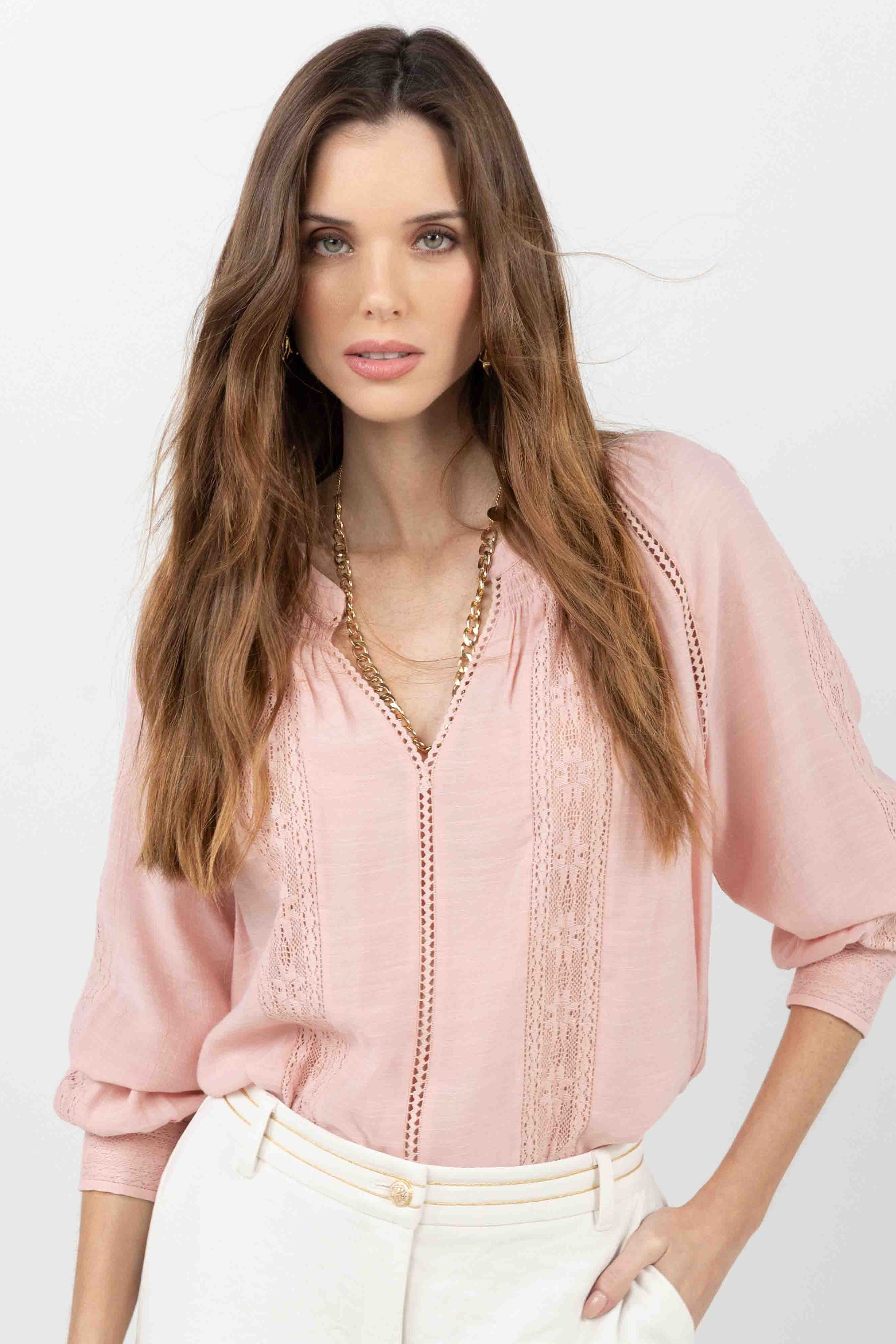Blouse rose bohème dentelle fluide | Elora