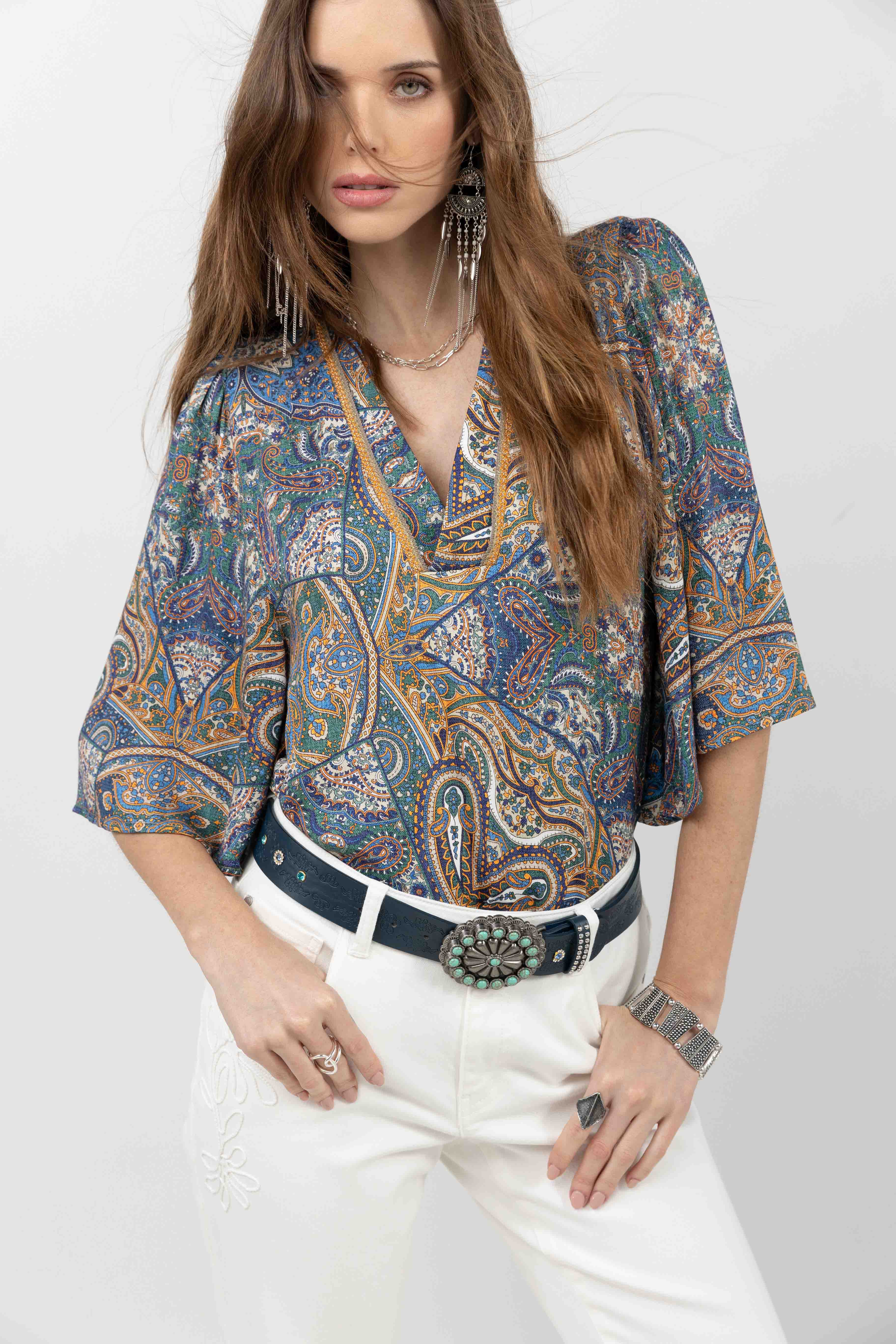 Blouse imprimée bleu cachemire | Elora