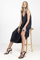 Robe longue marine bretelles perlées | Elora