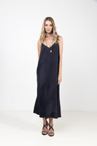 Robe longue marine bretelles perlées | Elora