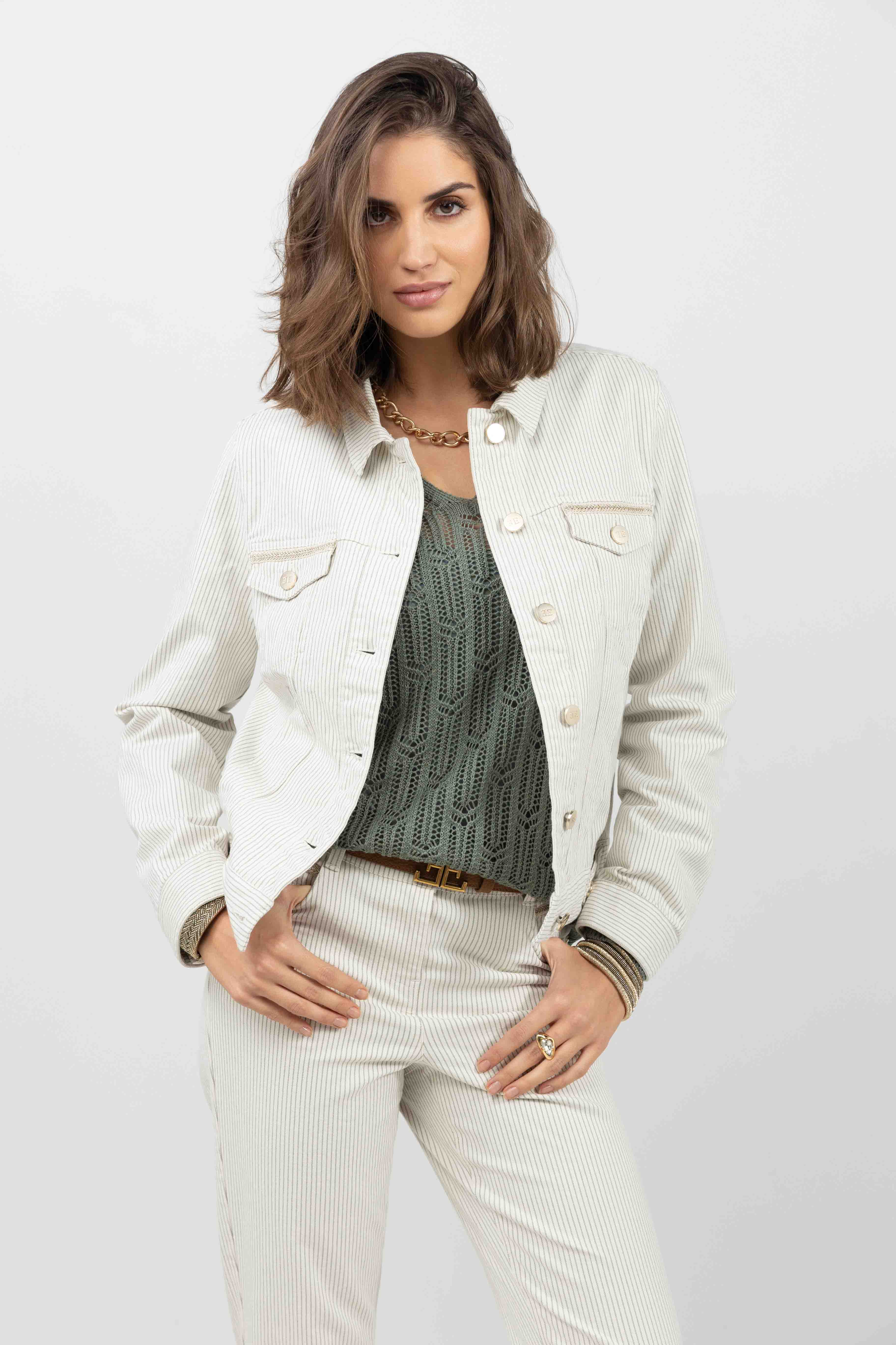 Veste en jean écru rayé kaki | Elora