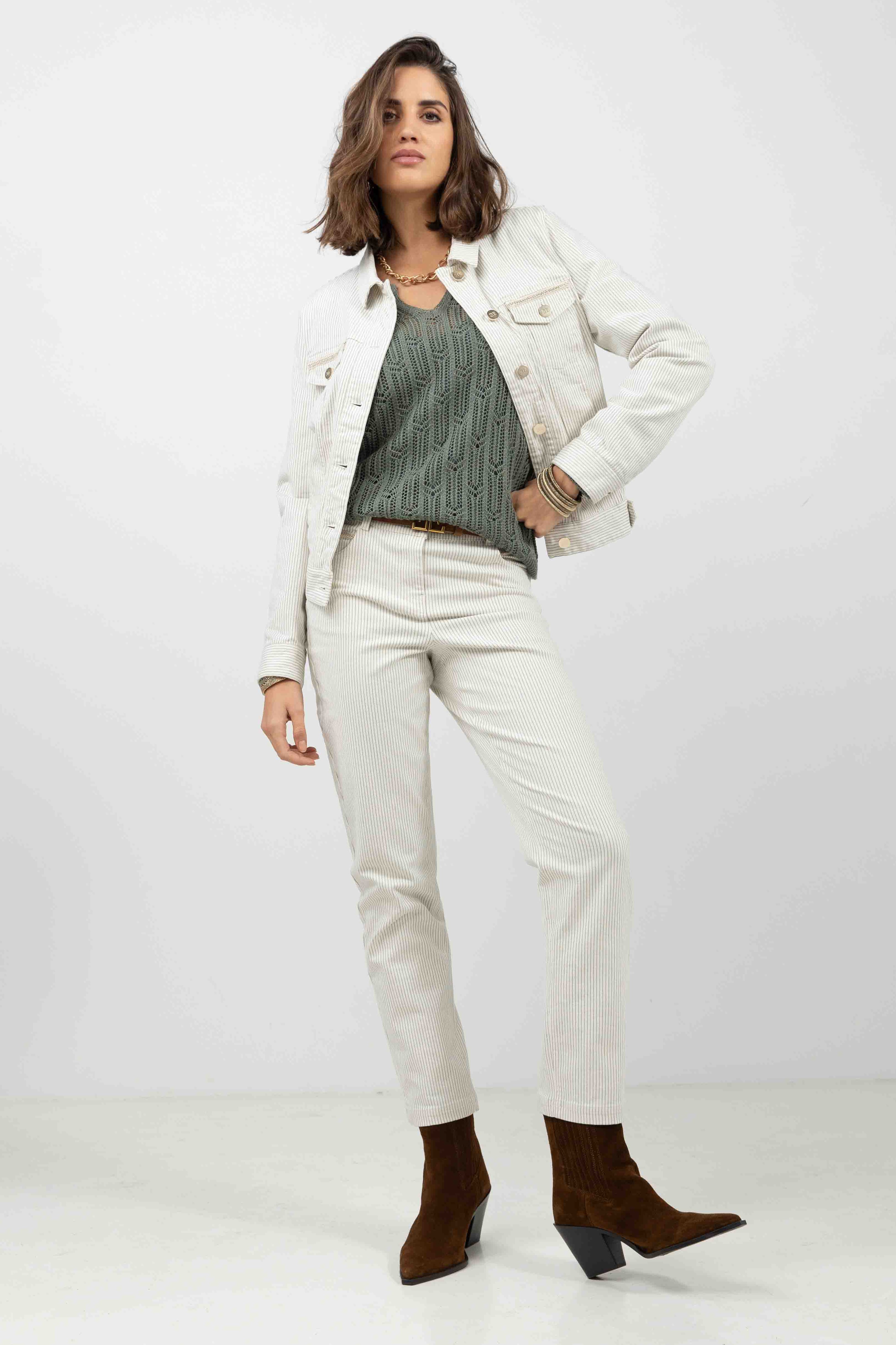 Pantalon écru rayé kaki | Elora