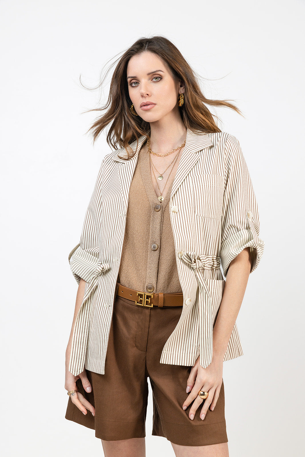 Veste saharienne rayée écru choco | Elora