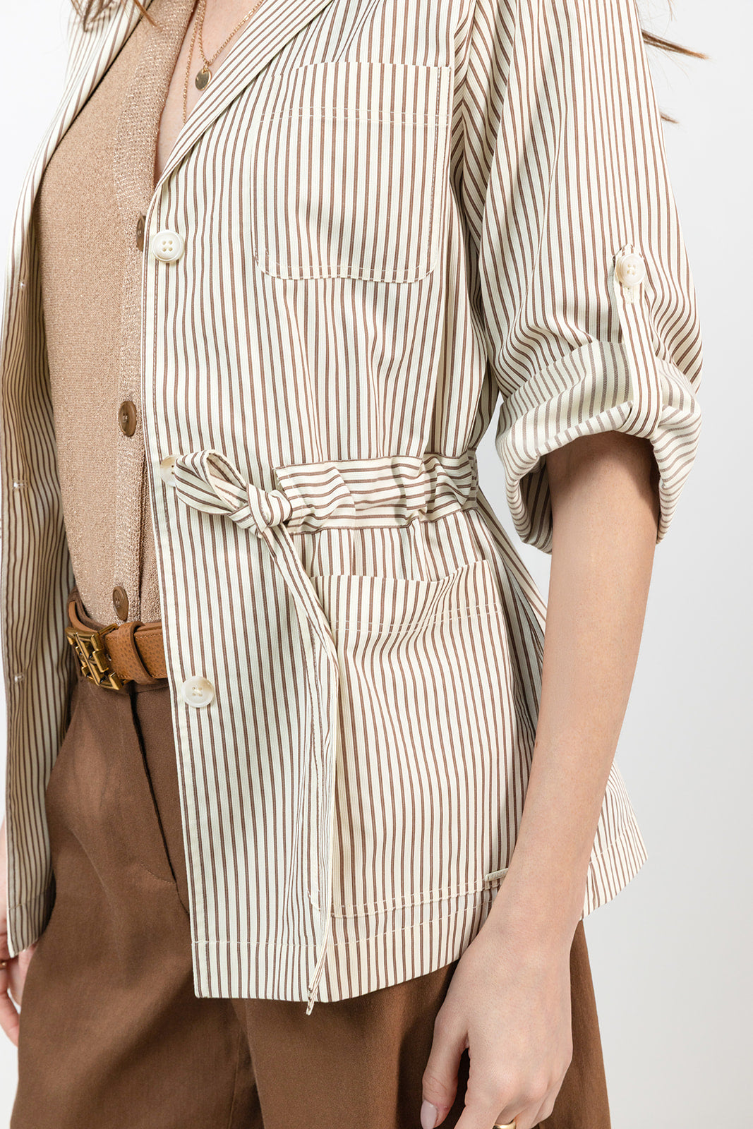 Veste saharienne rayée écru choco | Elora