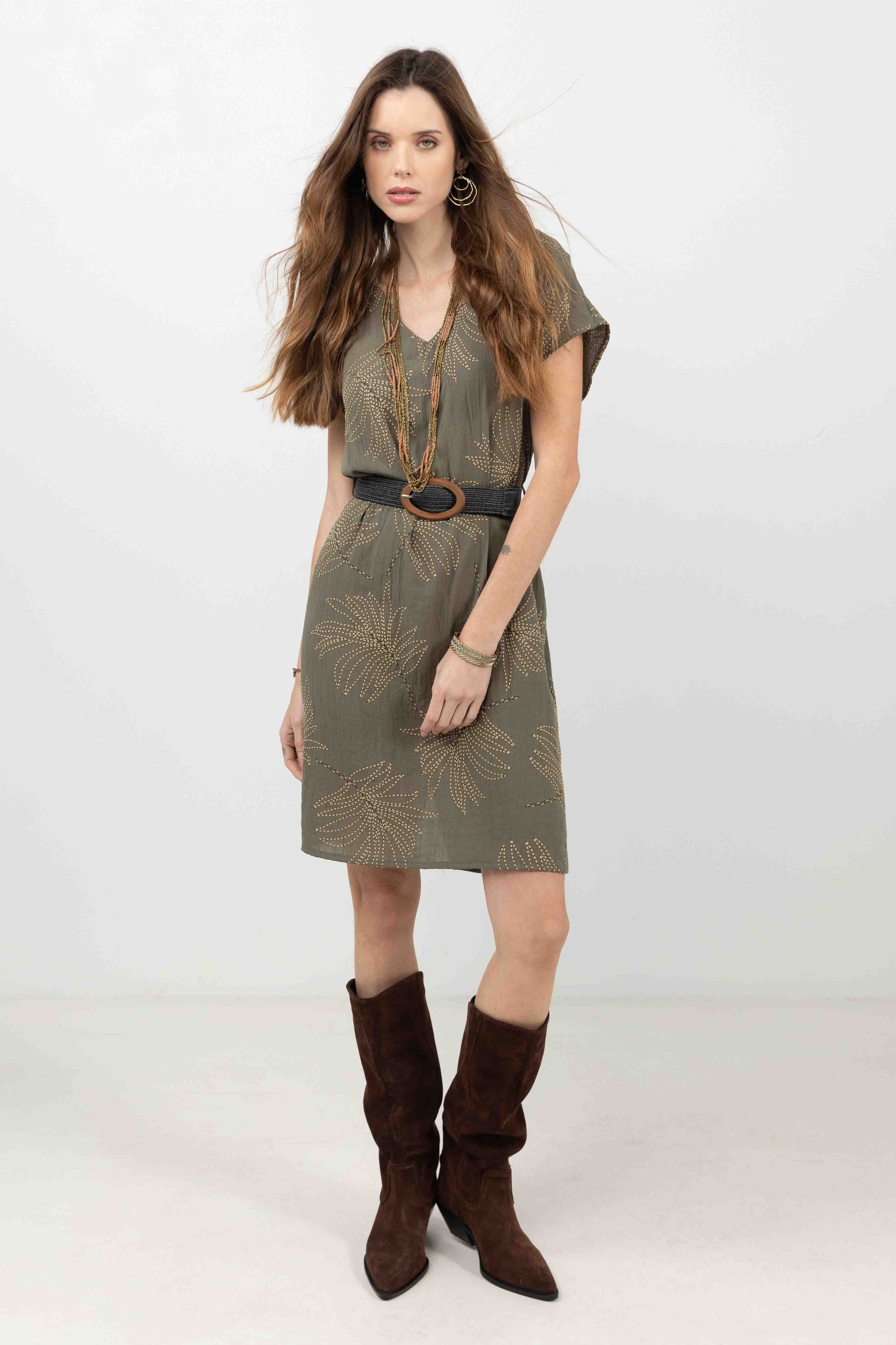 Robe kaki imprimé plumes bohème | Elora