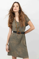 Robe kaki imprimé plumes bohème | Elora