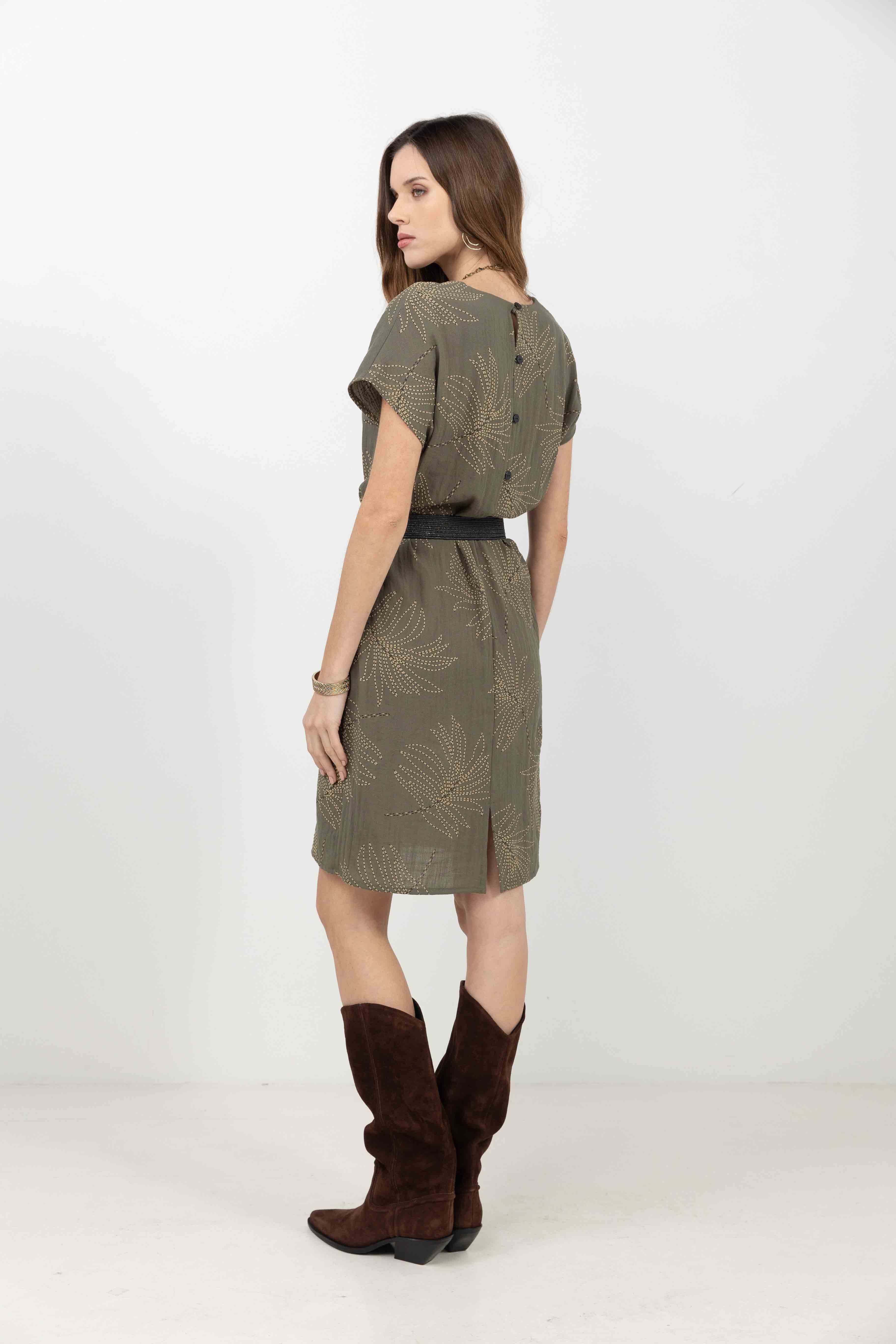 Robe kaki imprimé plumes bohème | Elora