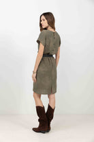 Robe kaki imprimé plumes bohème | Elora