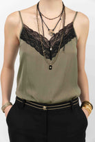 Caraco kaki satin dentelle contrastée | Elora