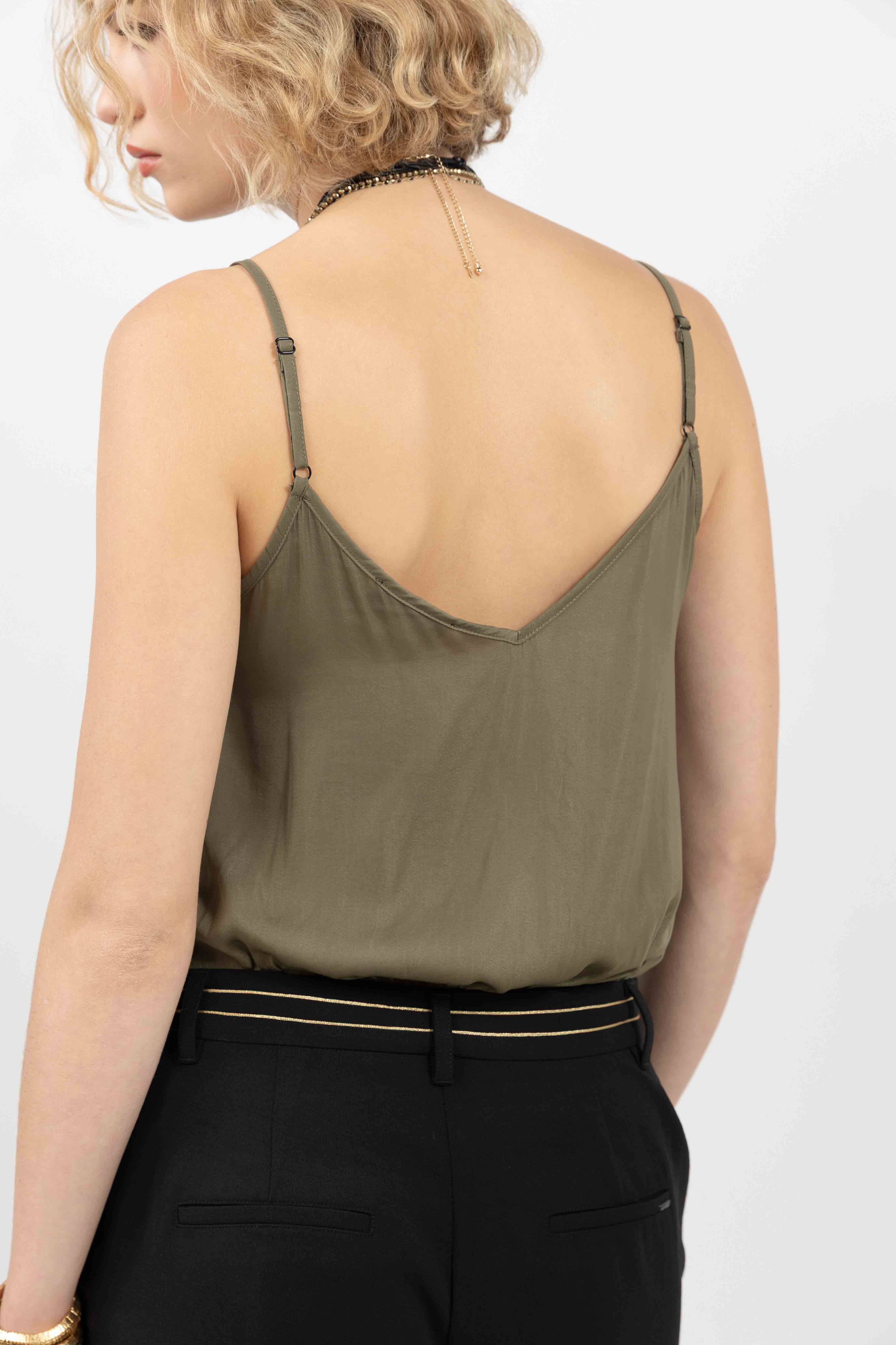 Caraco kaki satin dentelle contrastée | Elora