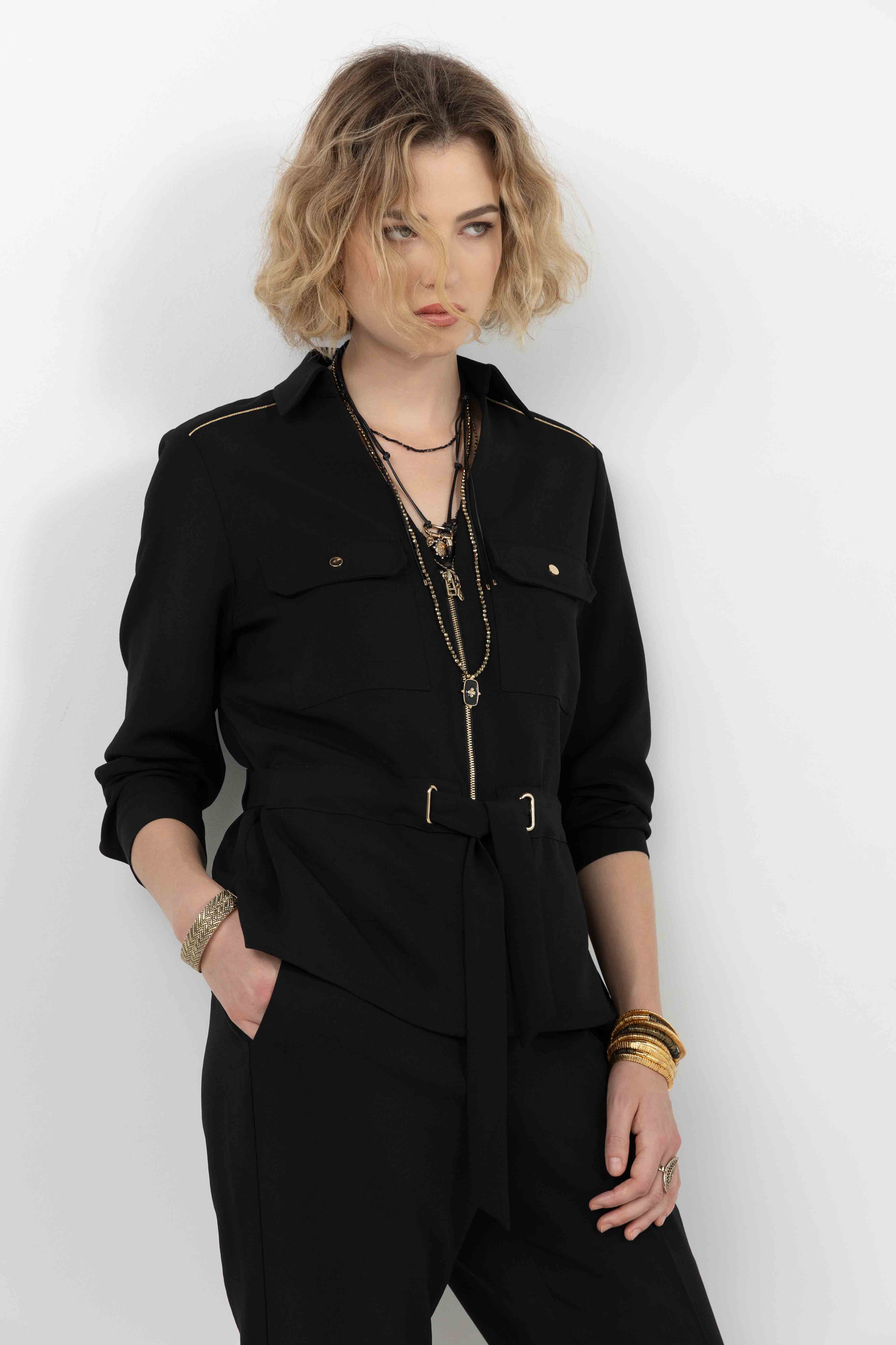 Veste noir chic ceinturée | Elora