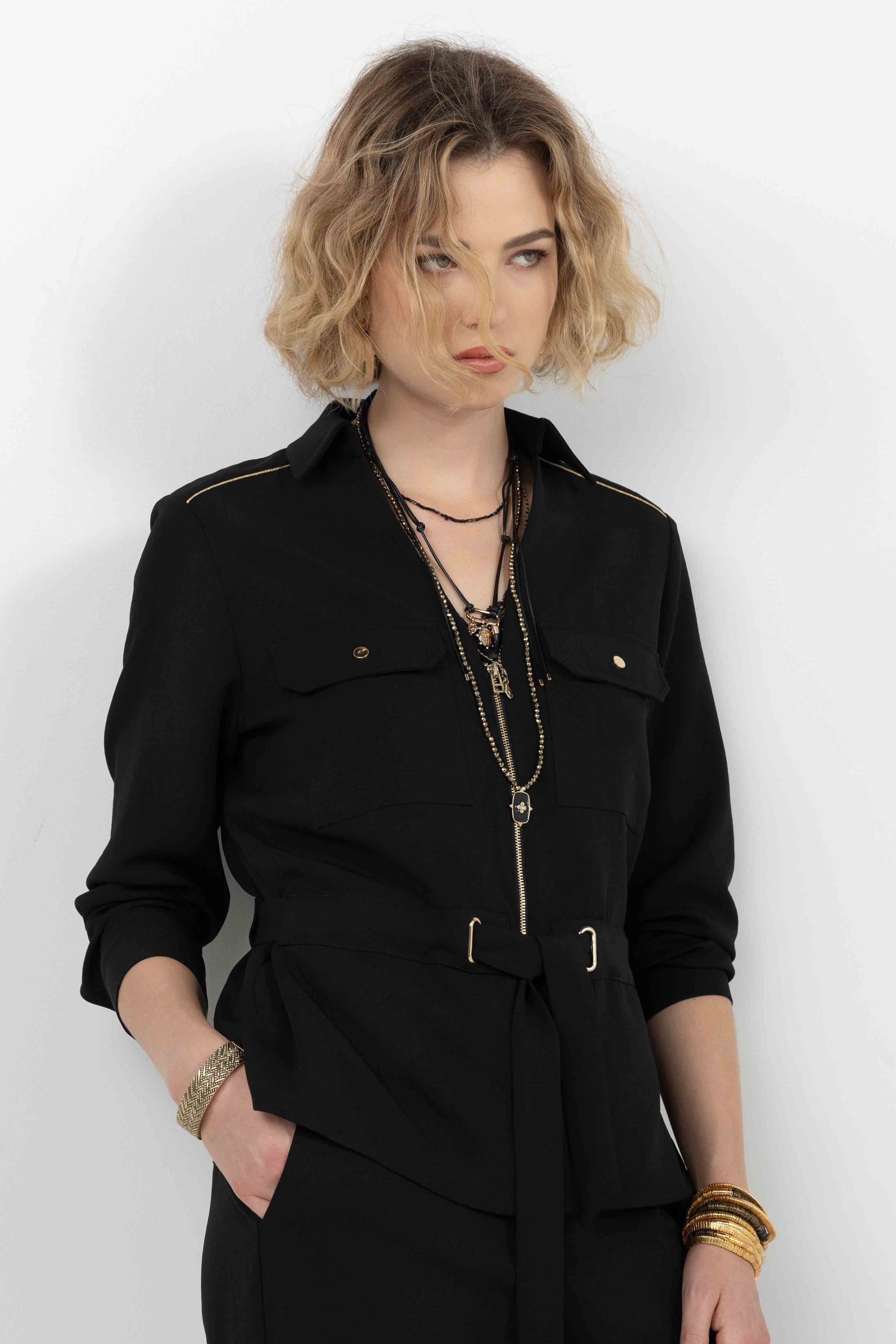 Veste noir chic ceinturée | Elora