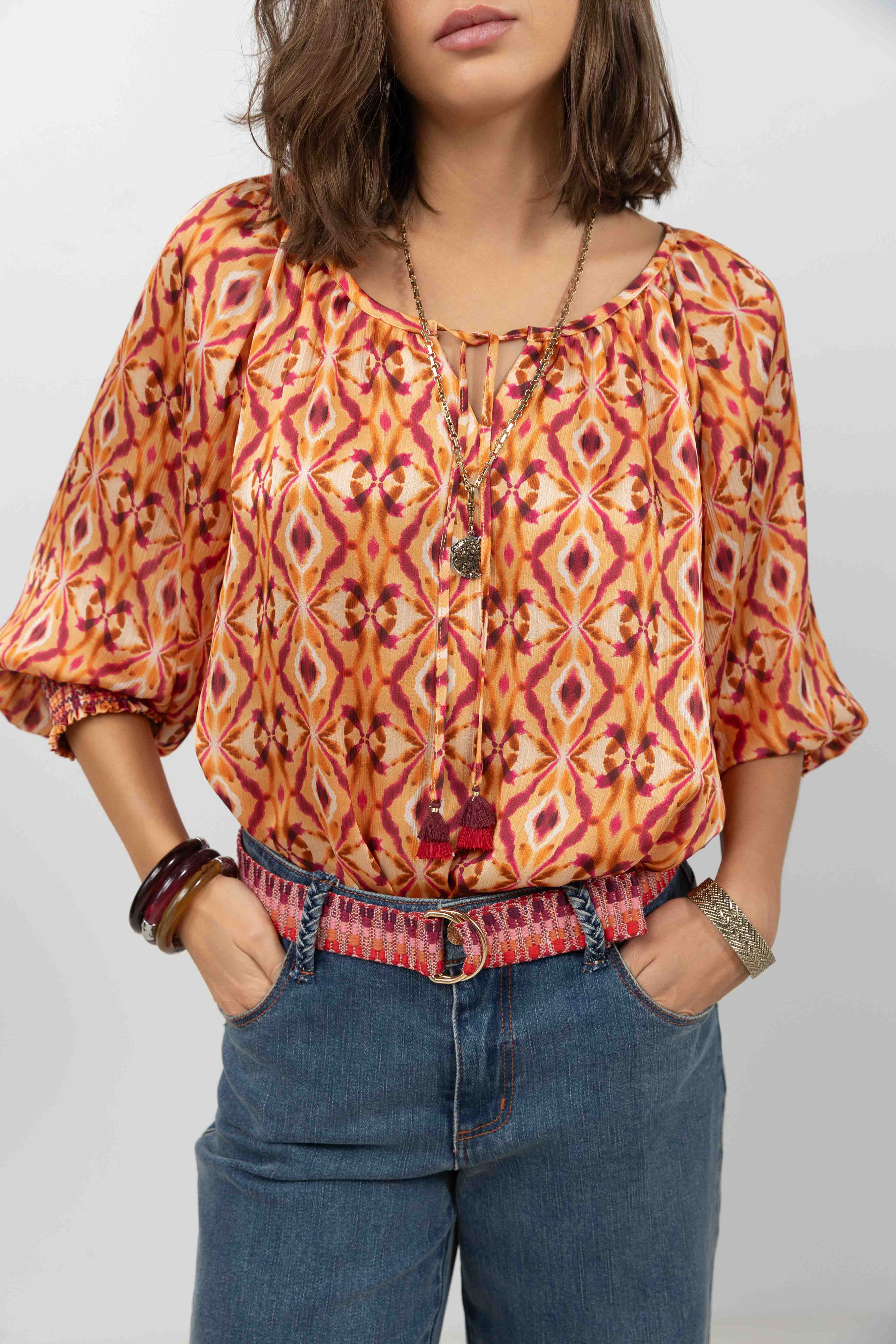 Blouse bohème imprimée rose et orange | Elora