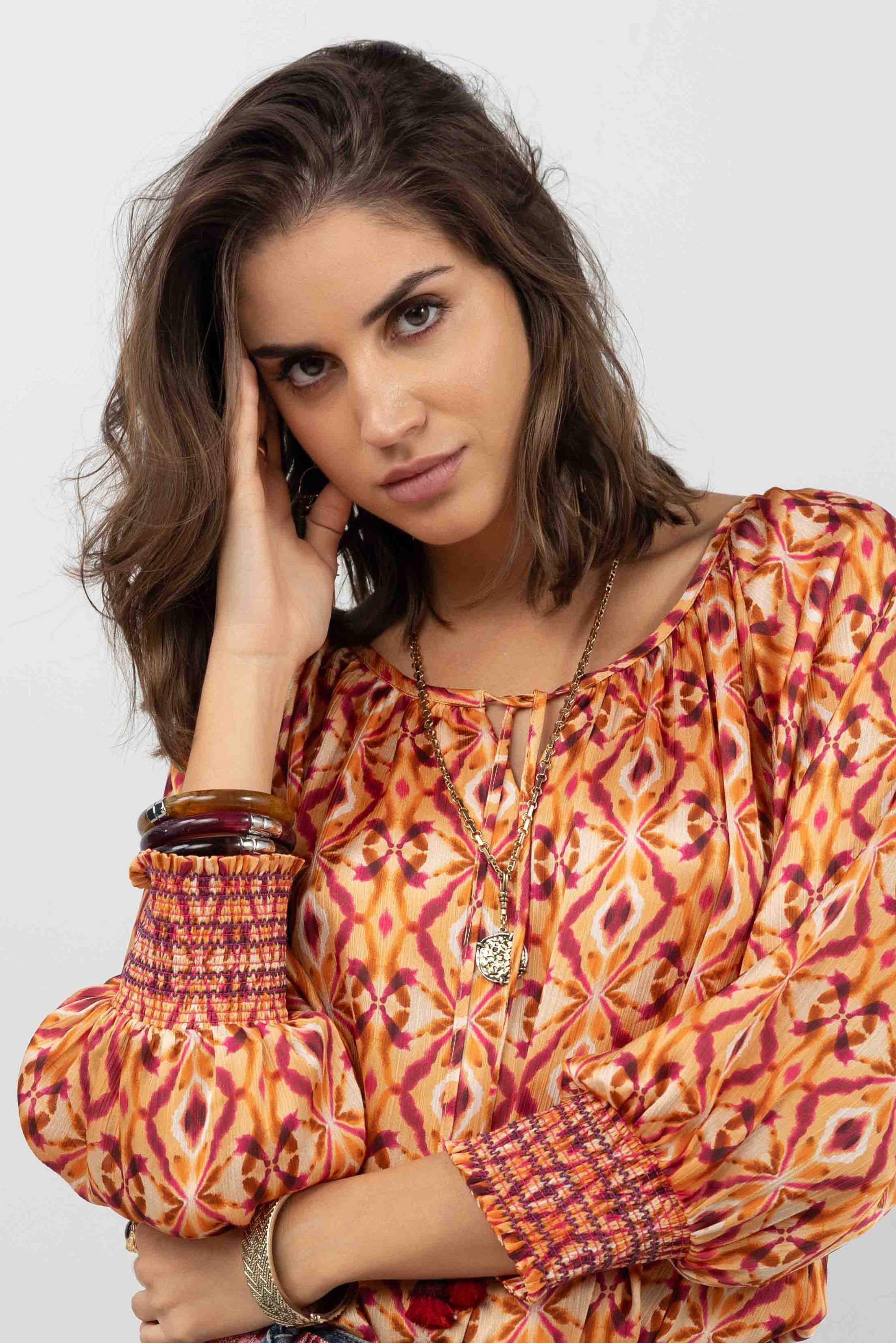 Blouse bohème imprimée rose et orange | Elora