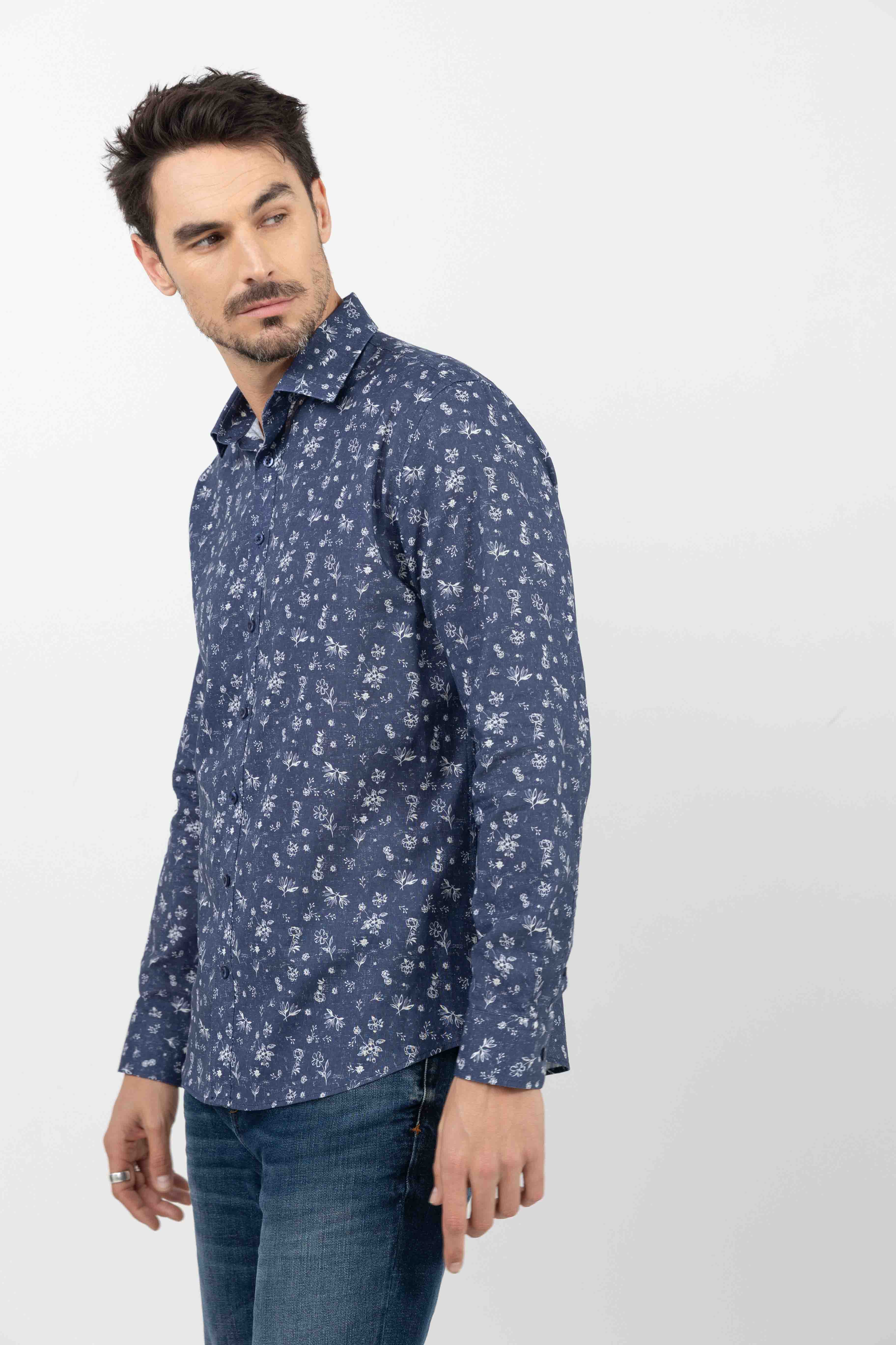 Chemise bleue imprimé fleuri | Elora