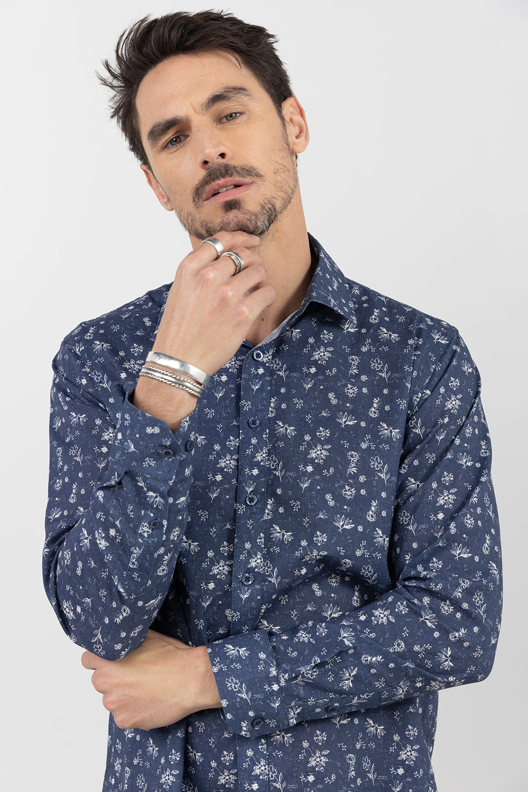 Chemise bleue imprimé fleuri | Elora