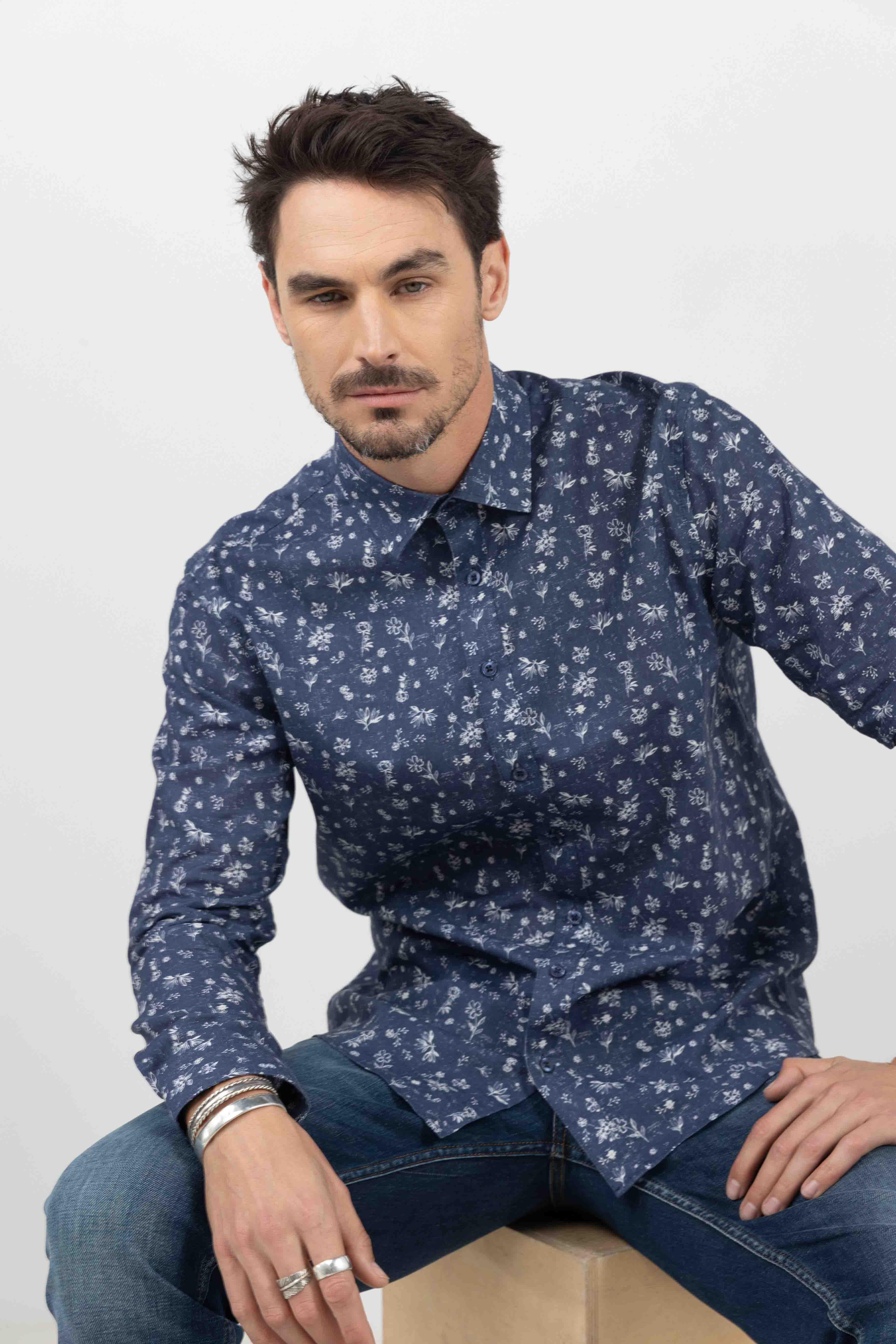 Chemise bleue imprimé fleuri | Elora