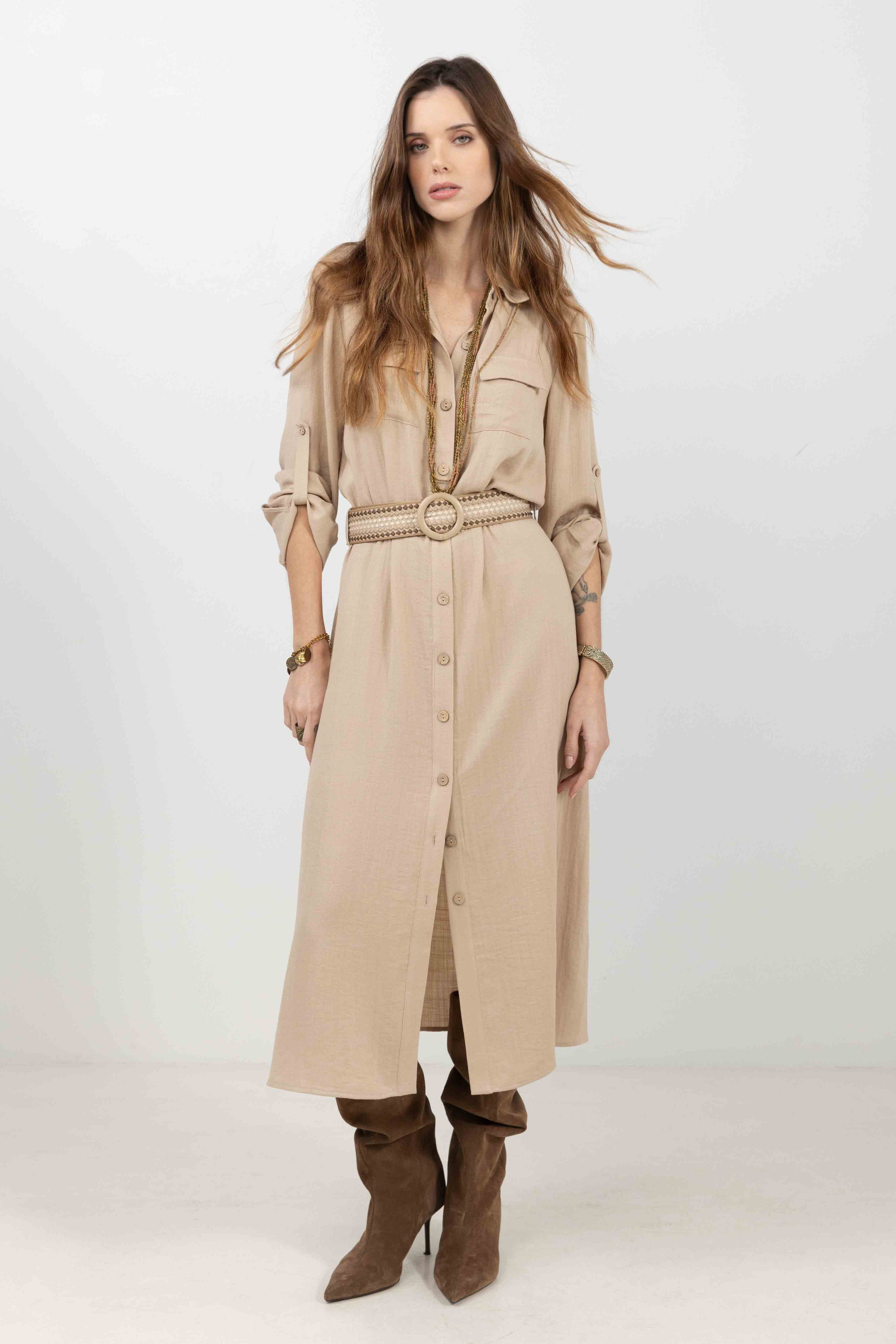 Robe chemise beige longue fluide | Elora