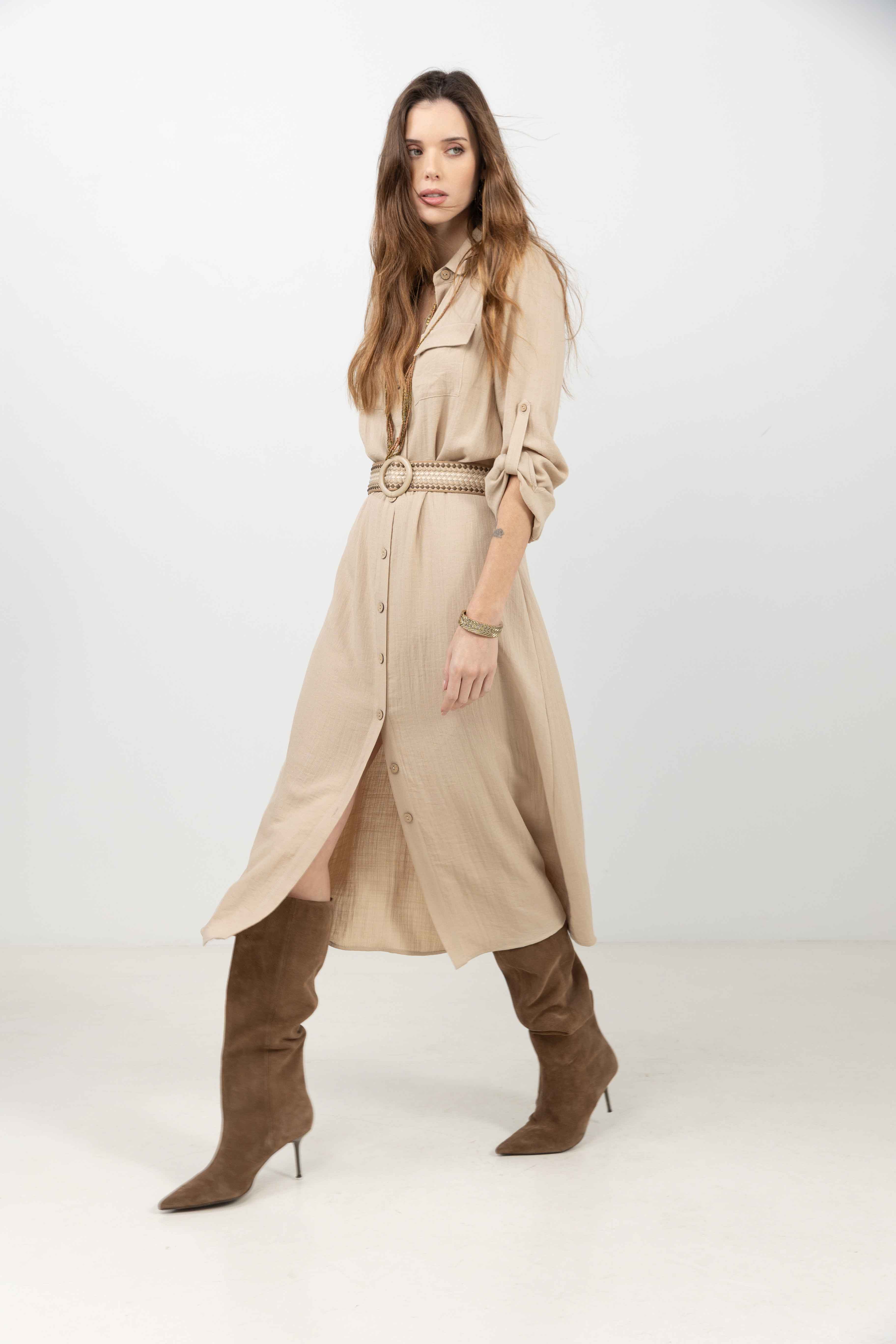 Robe chemise beige longue fluide | Elora